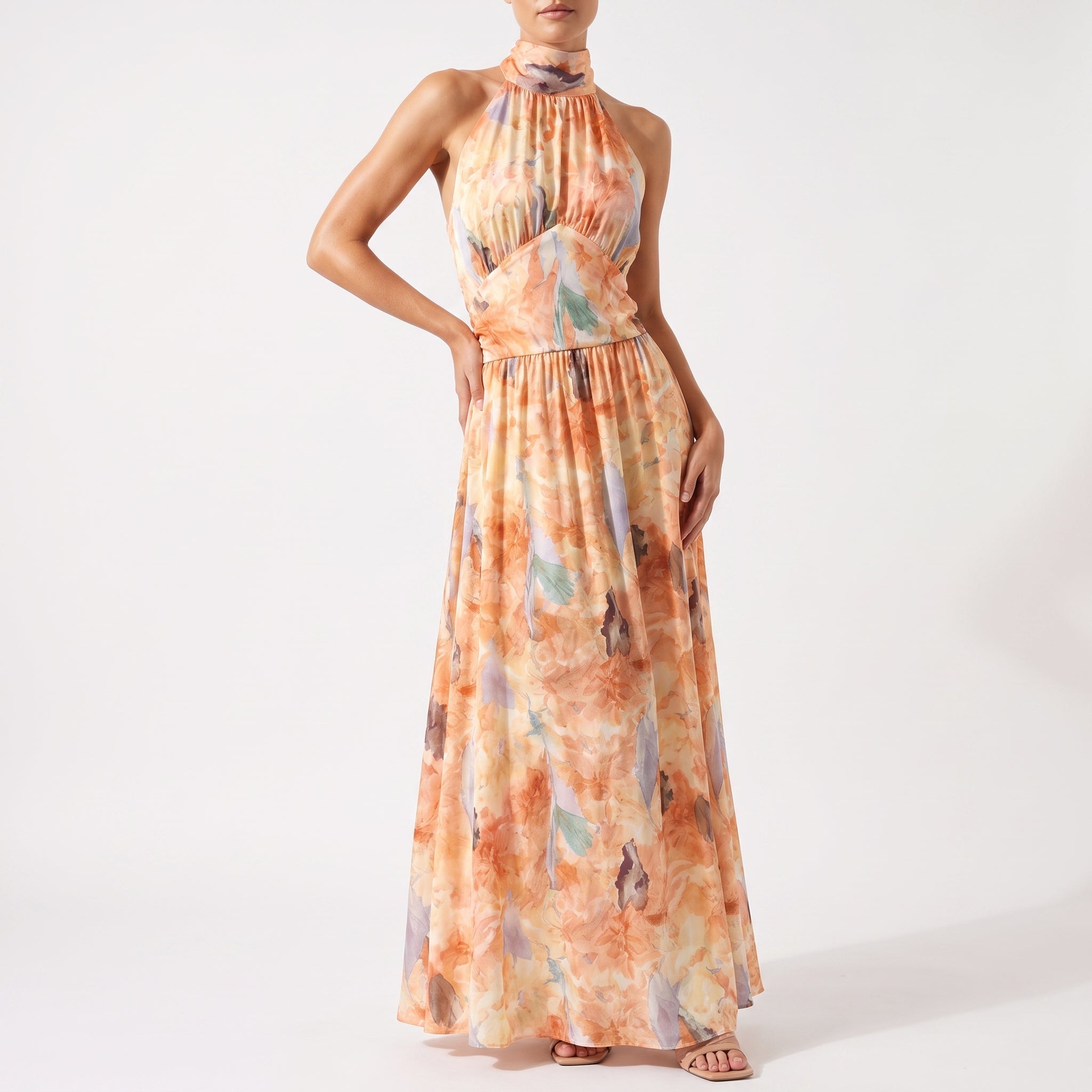 Amber - Women's Summer Abstract Print Halter Neck Maxi Dress - Dresses - Peach - Parker&Brooks