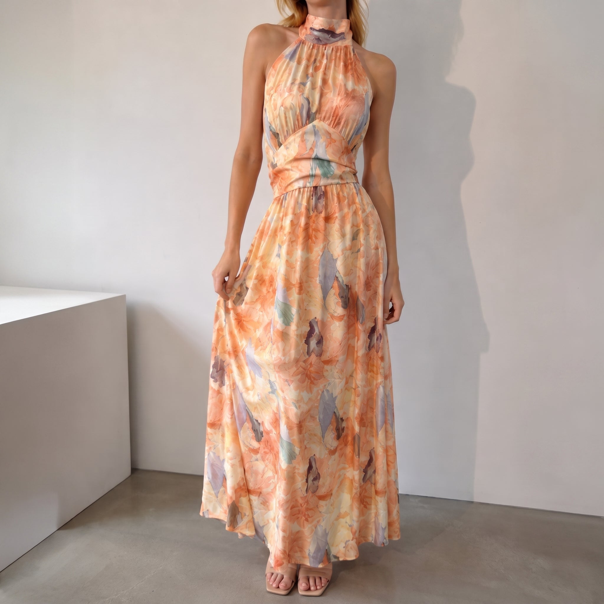 Amber - Women's Summer Abstract Print Halter Neck Maxi Dress - Dresses - Peach - Parker&Brooks