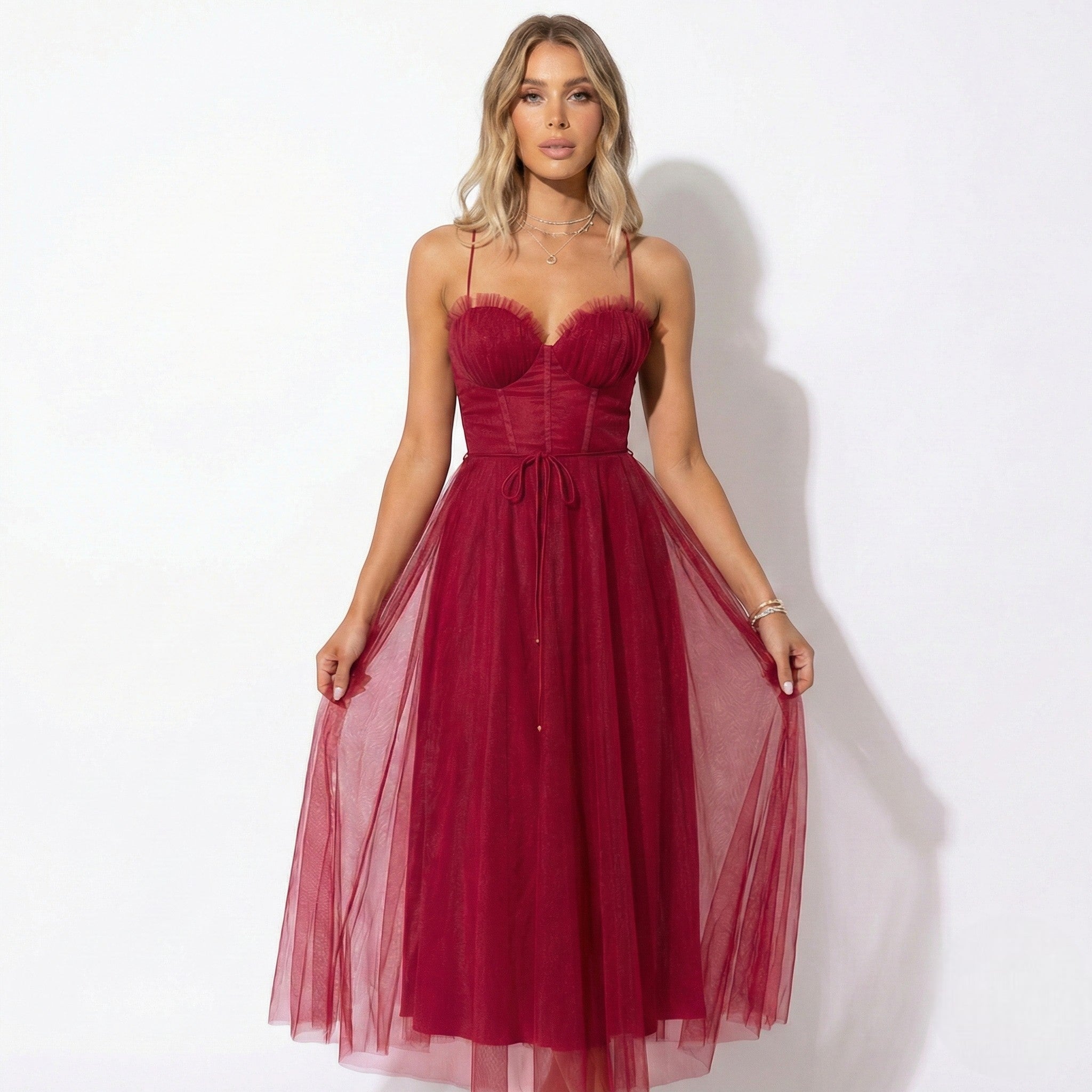 Amelia - Women's Tulle Party Midi Dress - Dresses - Wine Red - Parker&Brooks