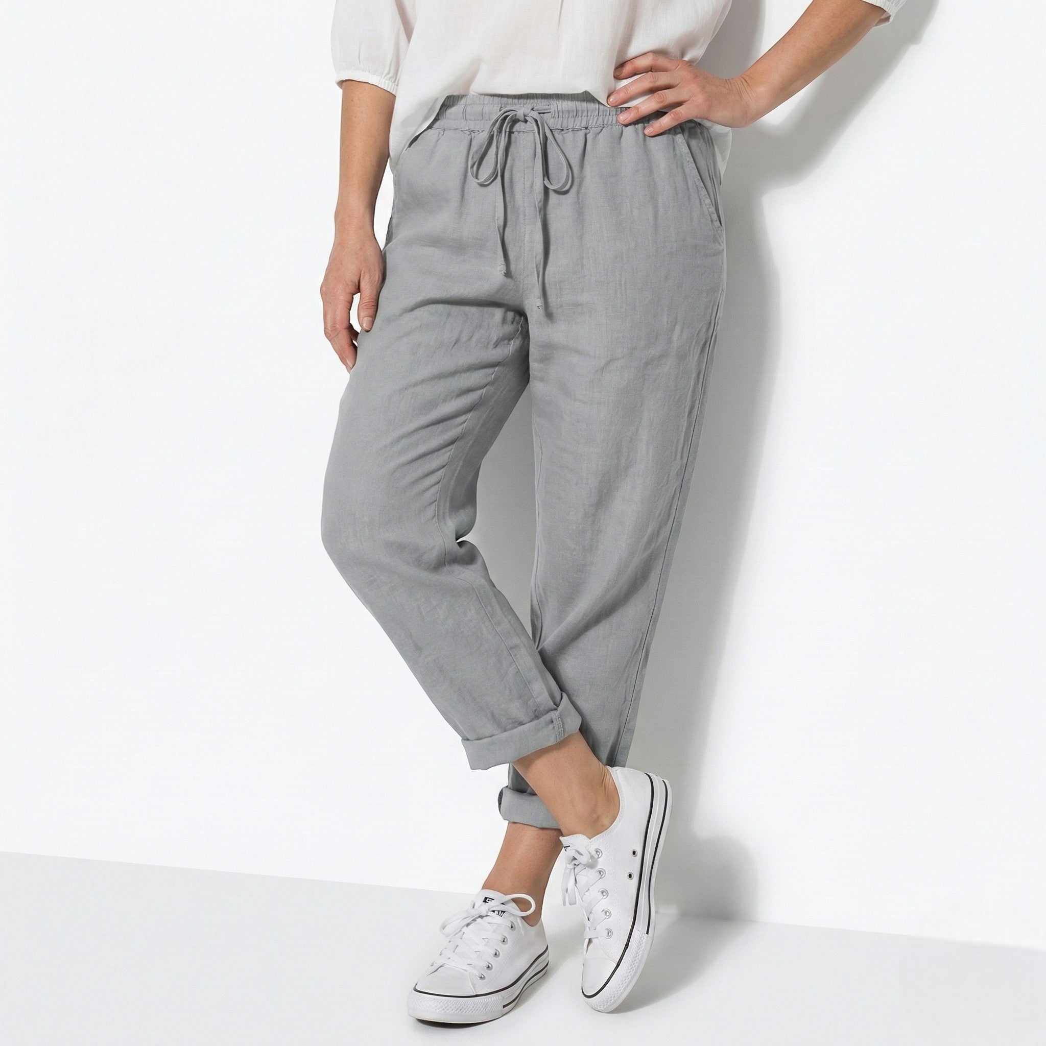 Amelia - Women's Relaxed Fit Drawstring Trousers - Trousers - Gray - Parker&Brooks
