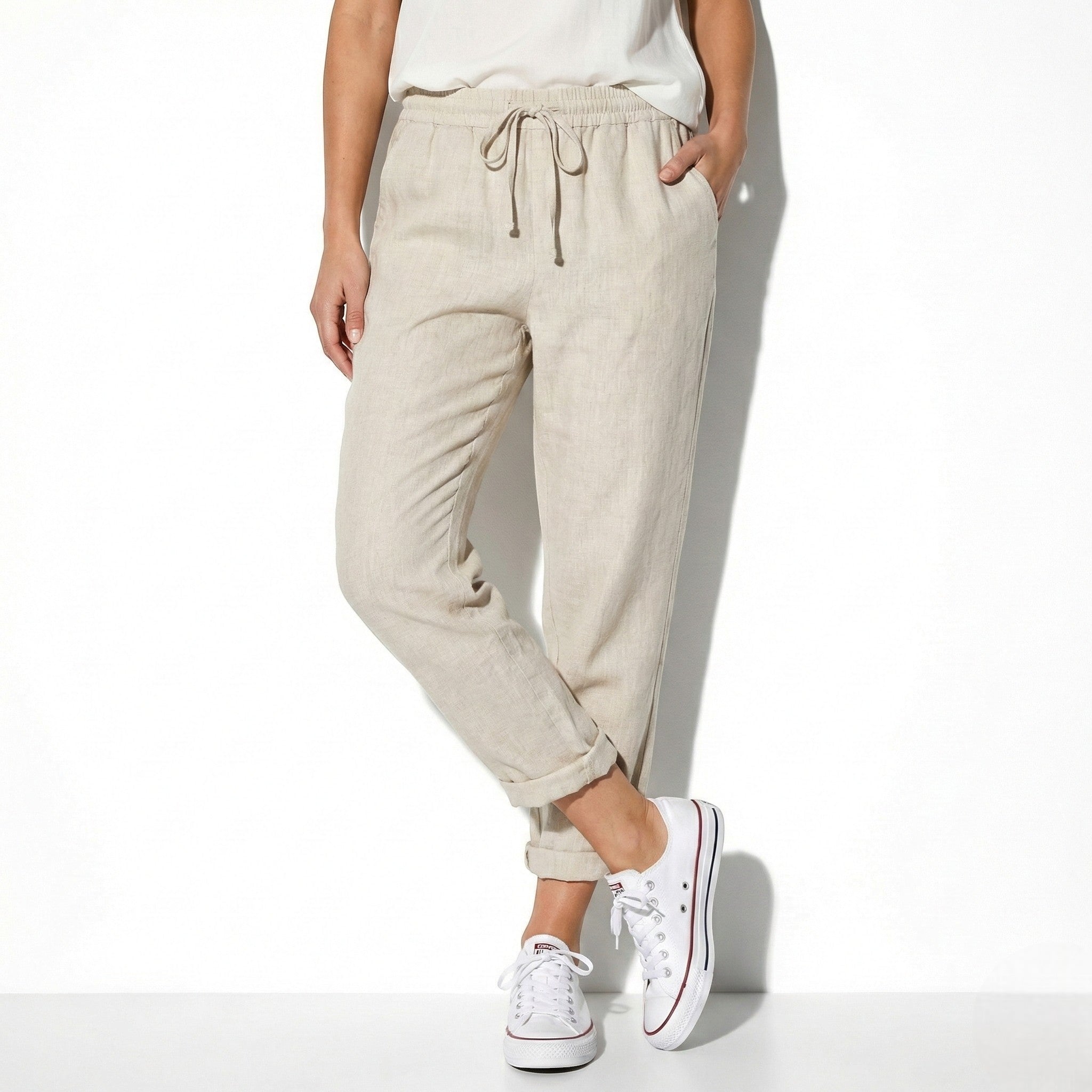 Amelia - Women's Relaxed Fit Drawstring Trousers - Trousers - Beige - Parker&Brooks
