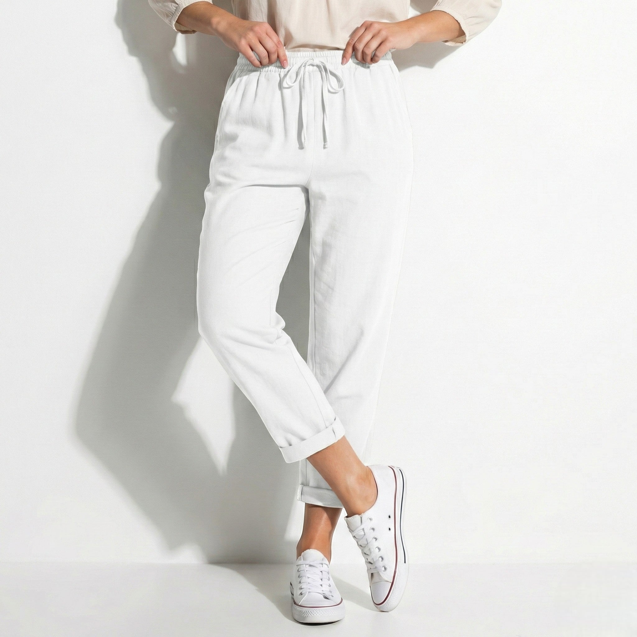 Amelia - Women's Relaxed Fit Drawstring Trousers - Trousers - White - Parker&Brooks