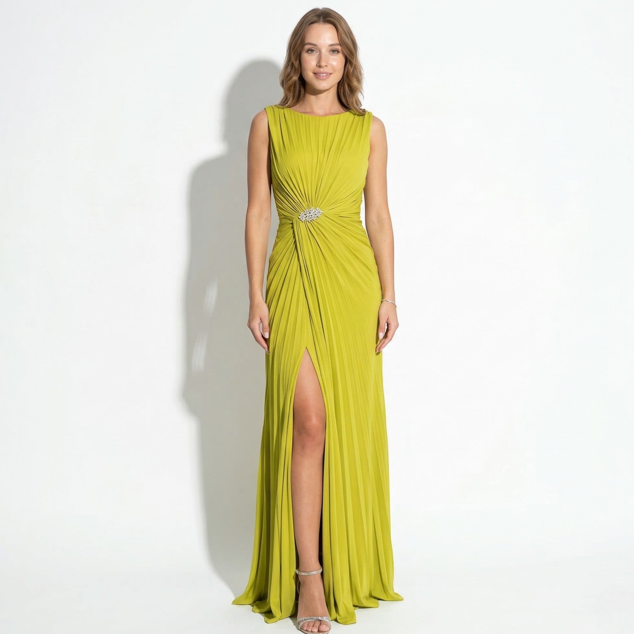 Amelia - Women's Evening Pleated Maxi Dress - Maxi Dresses - Yellow - Parker&Brooks