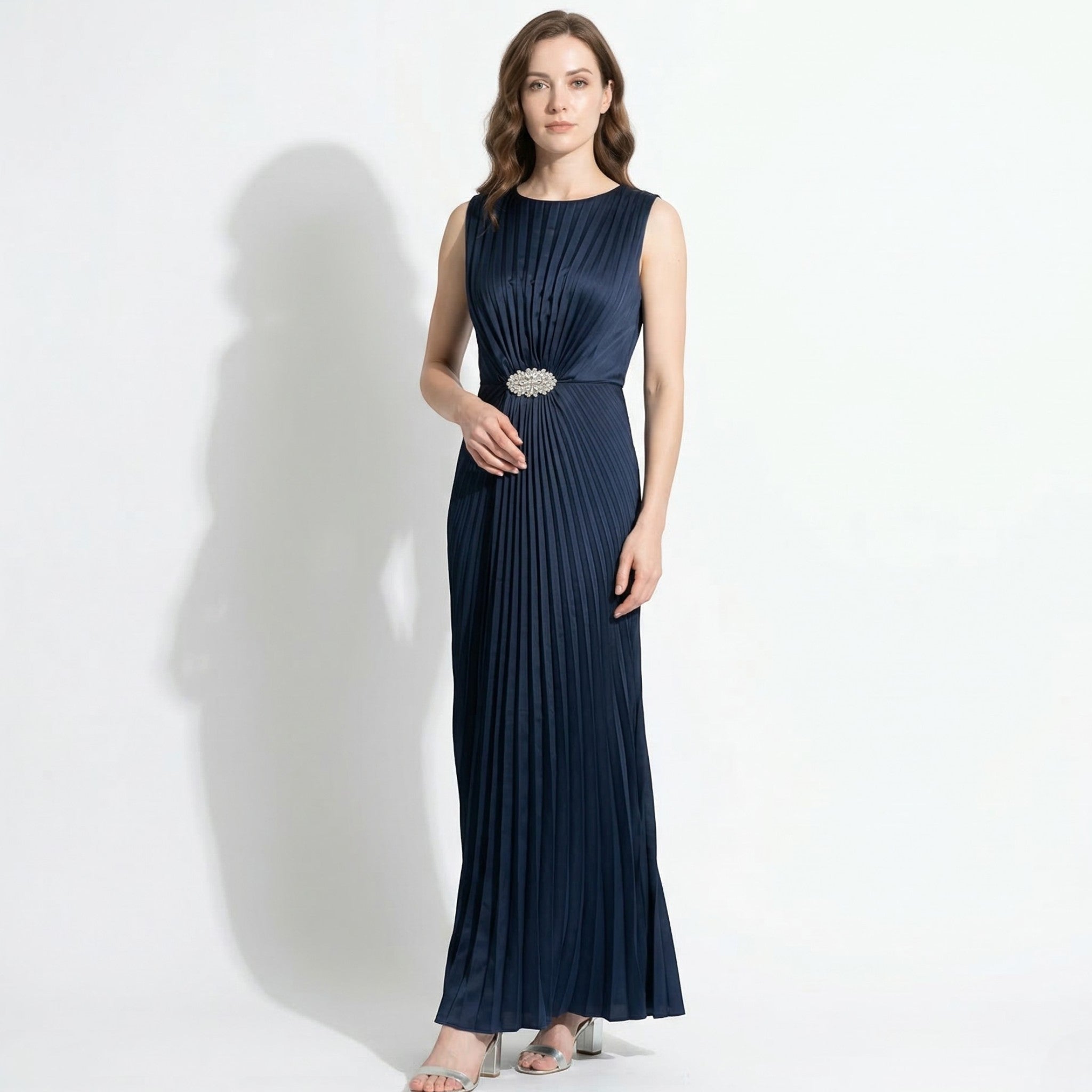 Amelia - Women's Evening Pleated Maxi Dress - Maxi Dresses - Navy Blue - Parker&Brooks