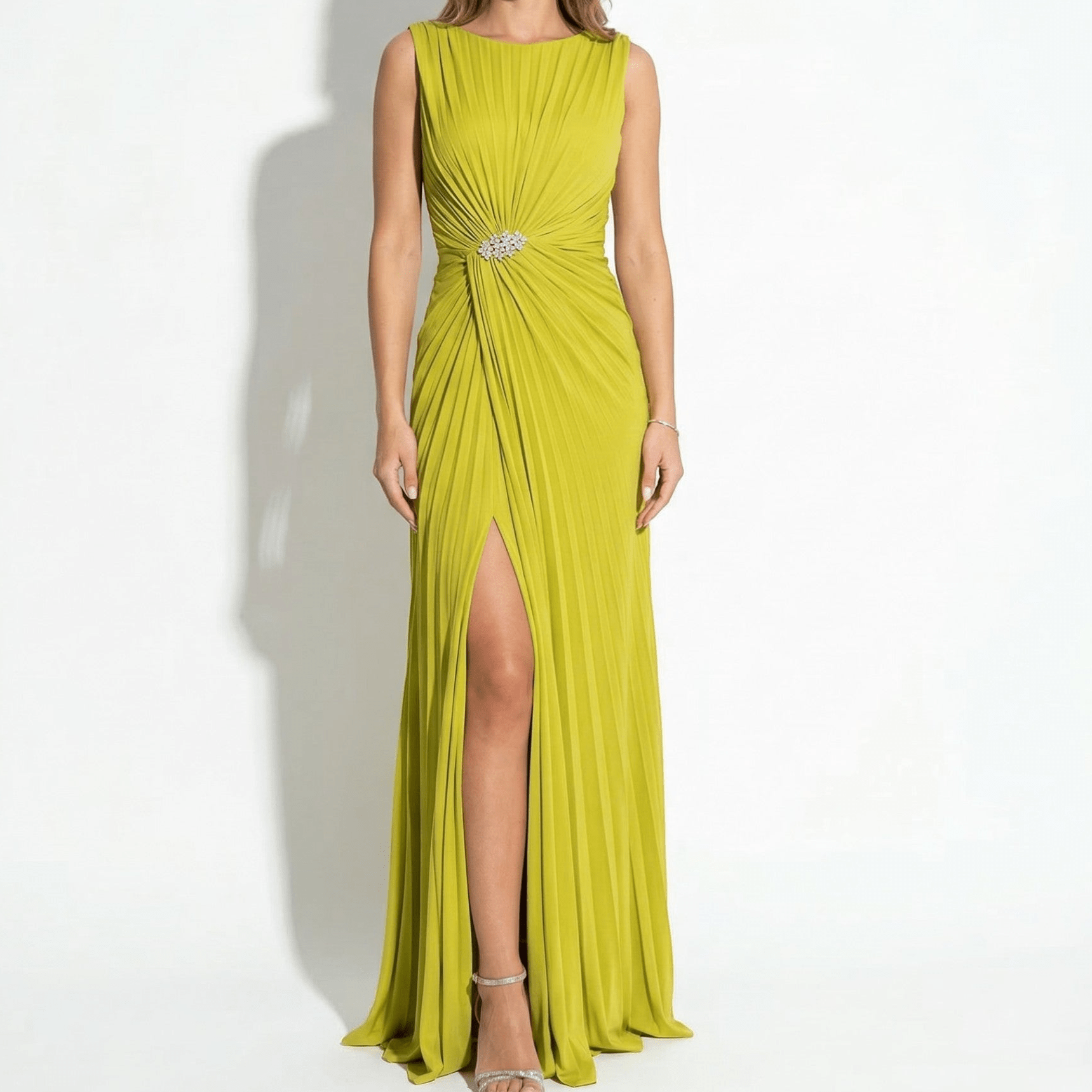 Amelia - Women's Evening Pleated Maxi Dress - Maxi Dresses - Yellow - Parker&Brooks