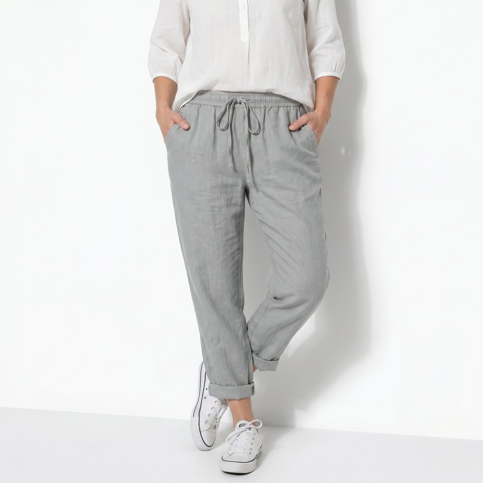 Amelia - Women's Relaxed Fit Drawstring Trousers - Trousers - Gray - Parker&Brooks