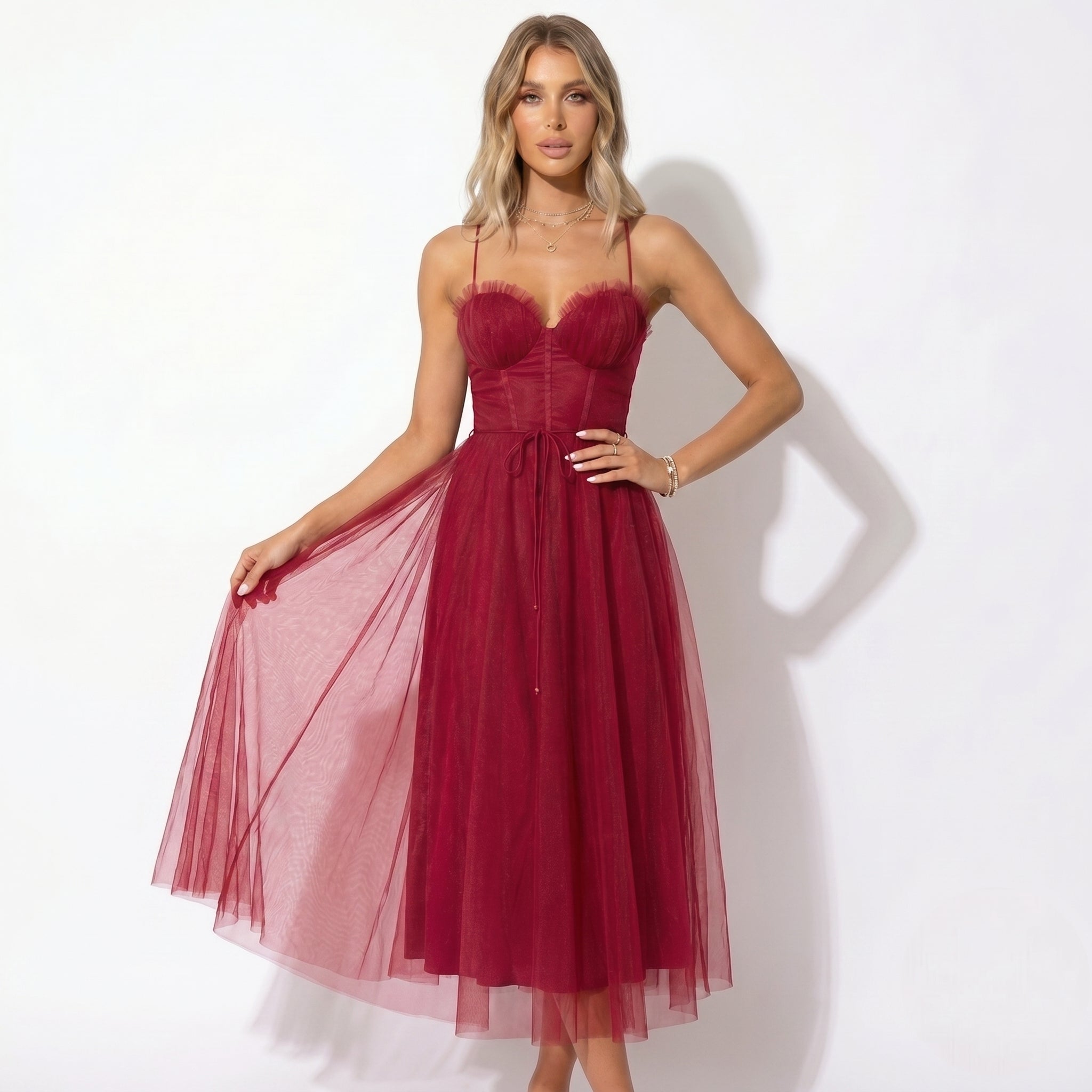 Amelia - Women's Tulle Party Midi Dress - Dresses - Wine Red - Parker&Brooks