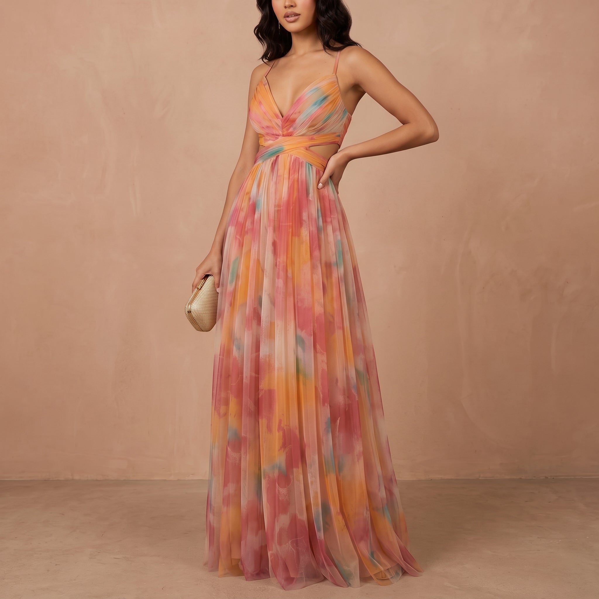 Amelia - Women’s V-Neck Maxi Dress with Flowing Fit - Dresses - Orange - Parker&Brooks
