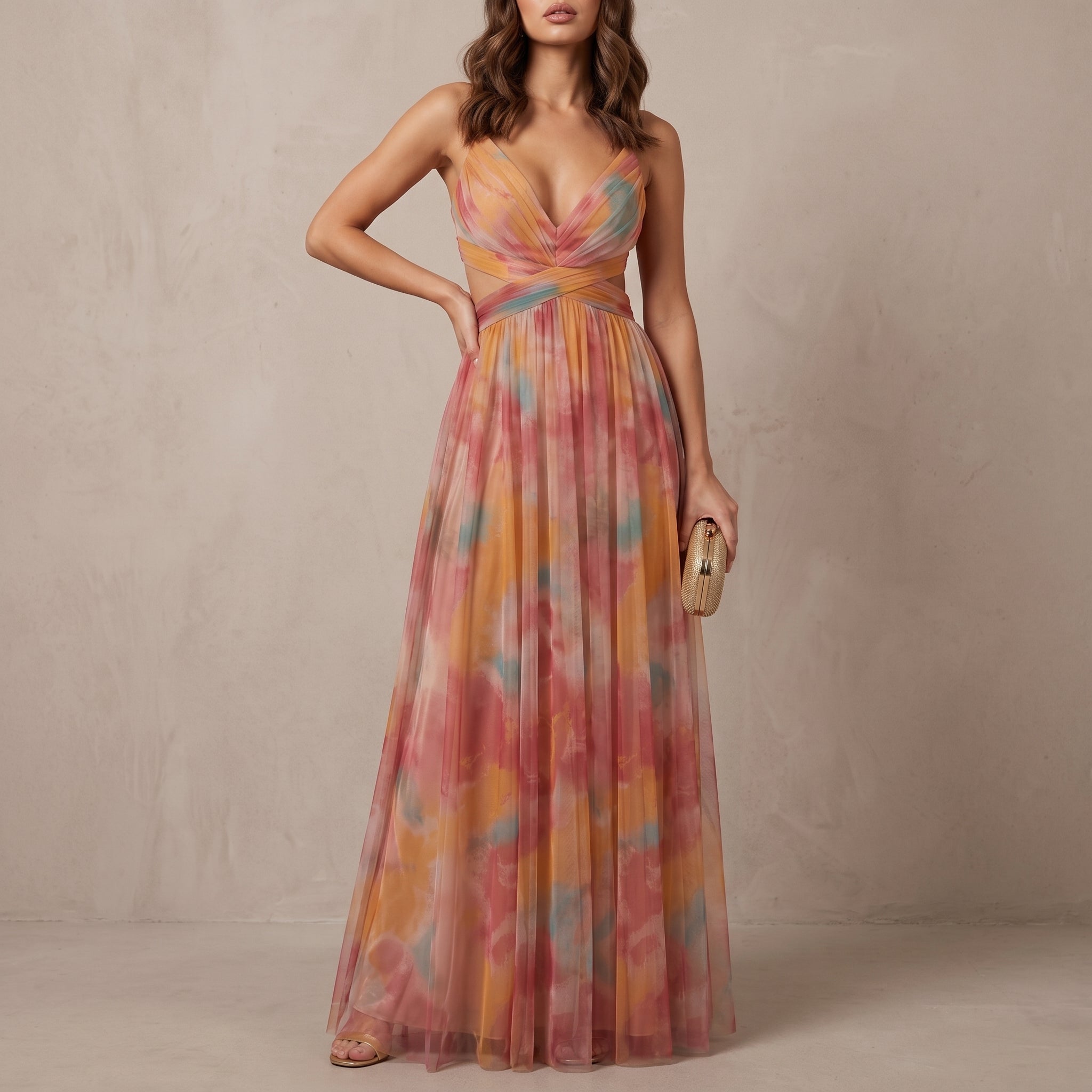 Amelia - Women’s V-Neck Maxi Dress with Flowing Fit - Dresses - Orange - Parker&Brooks