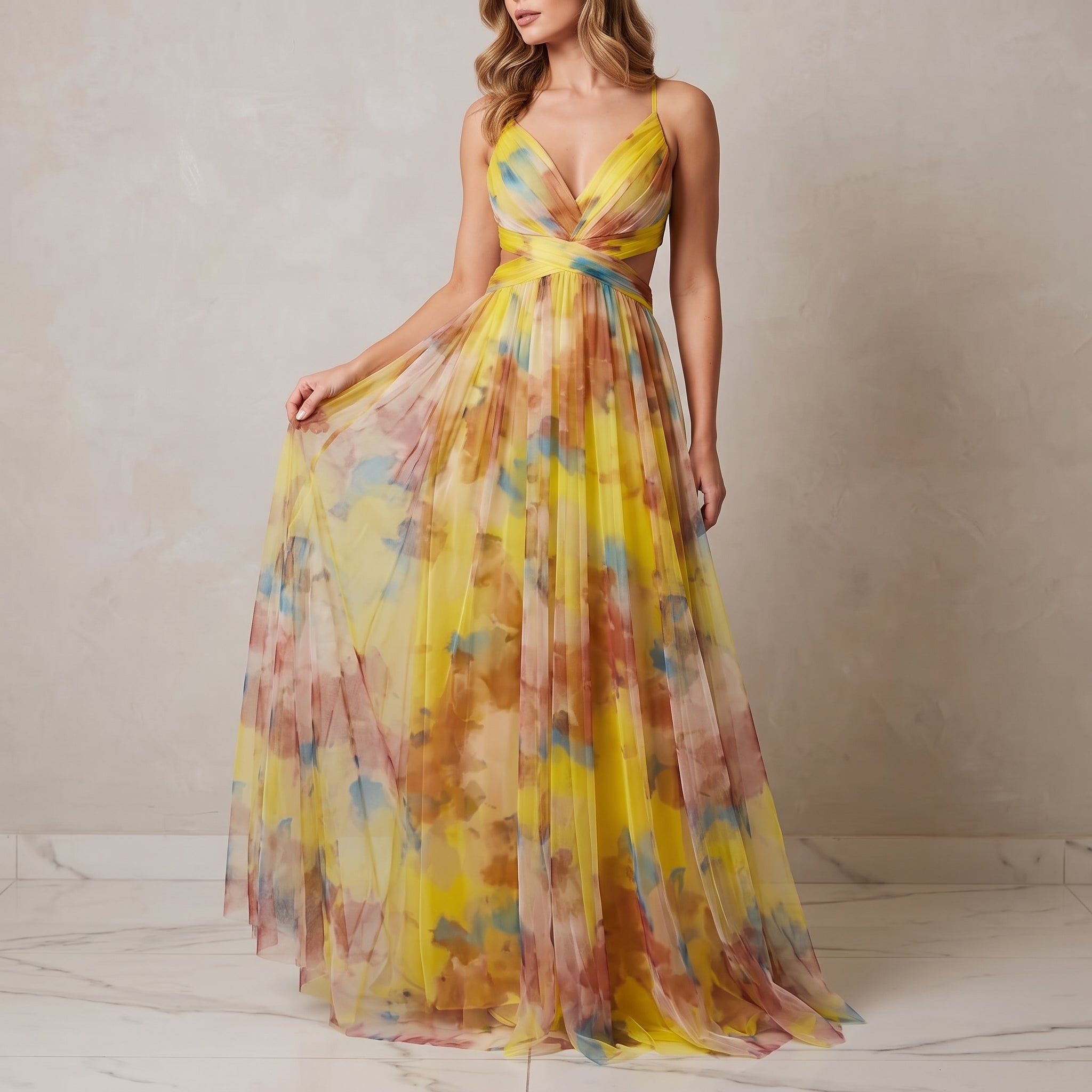 Amelia - Women’s V-Neck Maxi Dress with Flowing Fit - Dresses - Yellow - Parker&Brooks