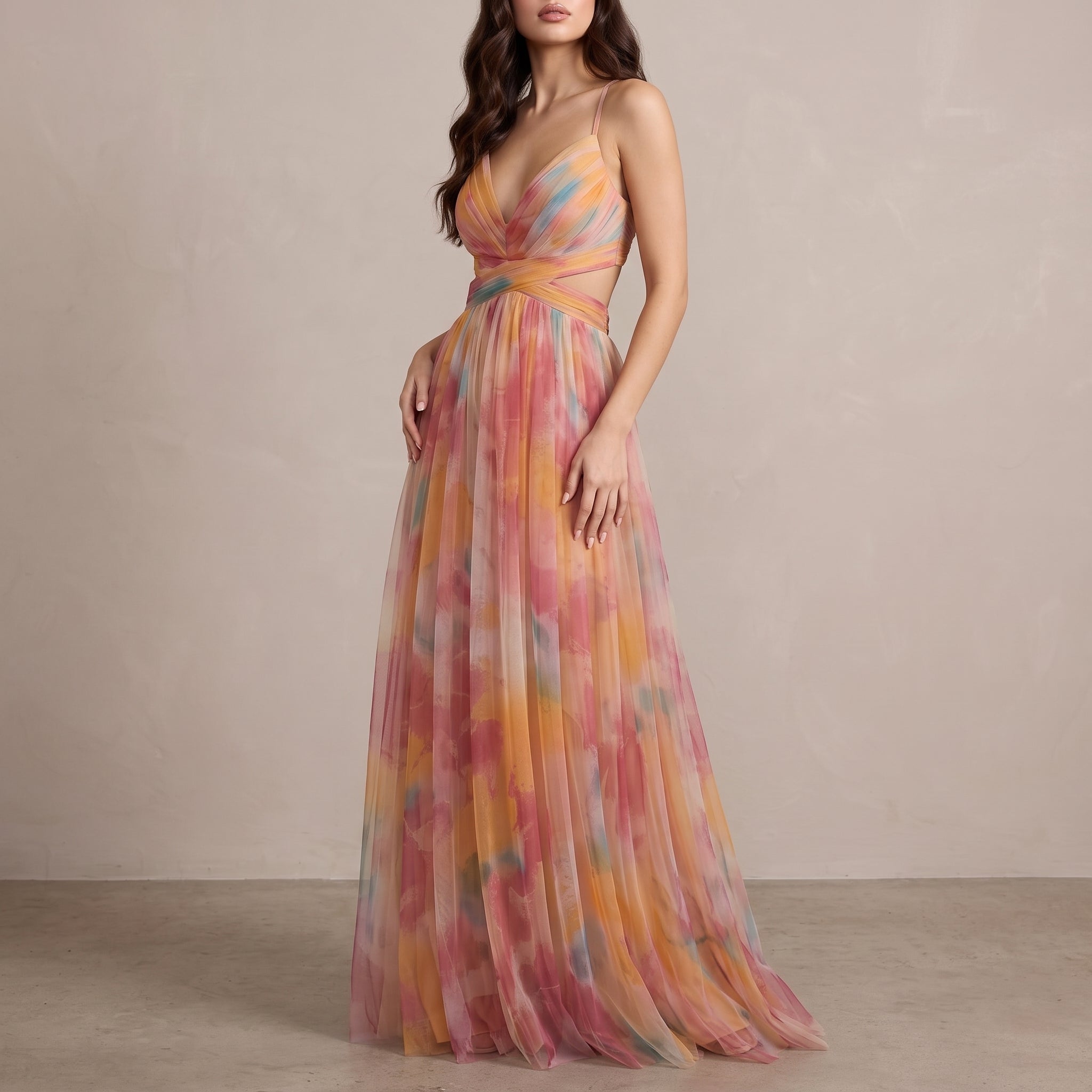 Amelia - Women’s V-Neck Maxi Dress with Flowing Fit - Dresses - Orange - Parker&Brooks