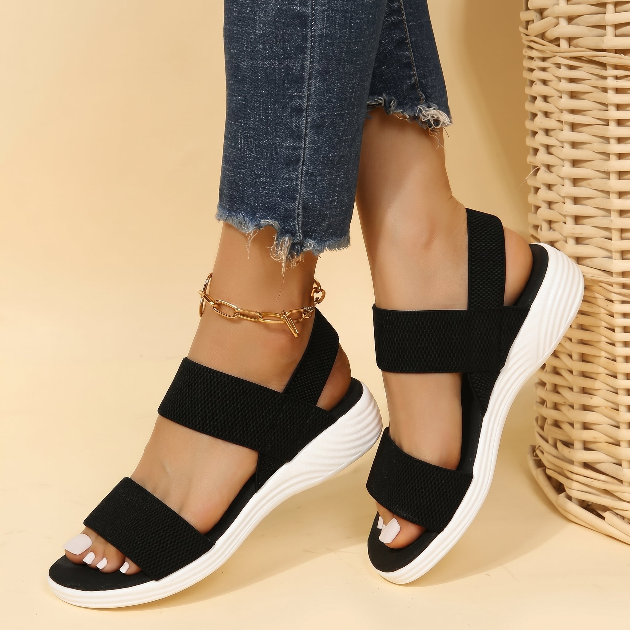 Amelie - Women's Orthopaedic Elastic Strap Sandals - Sandals - Black - Parker&Brooks