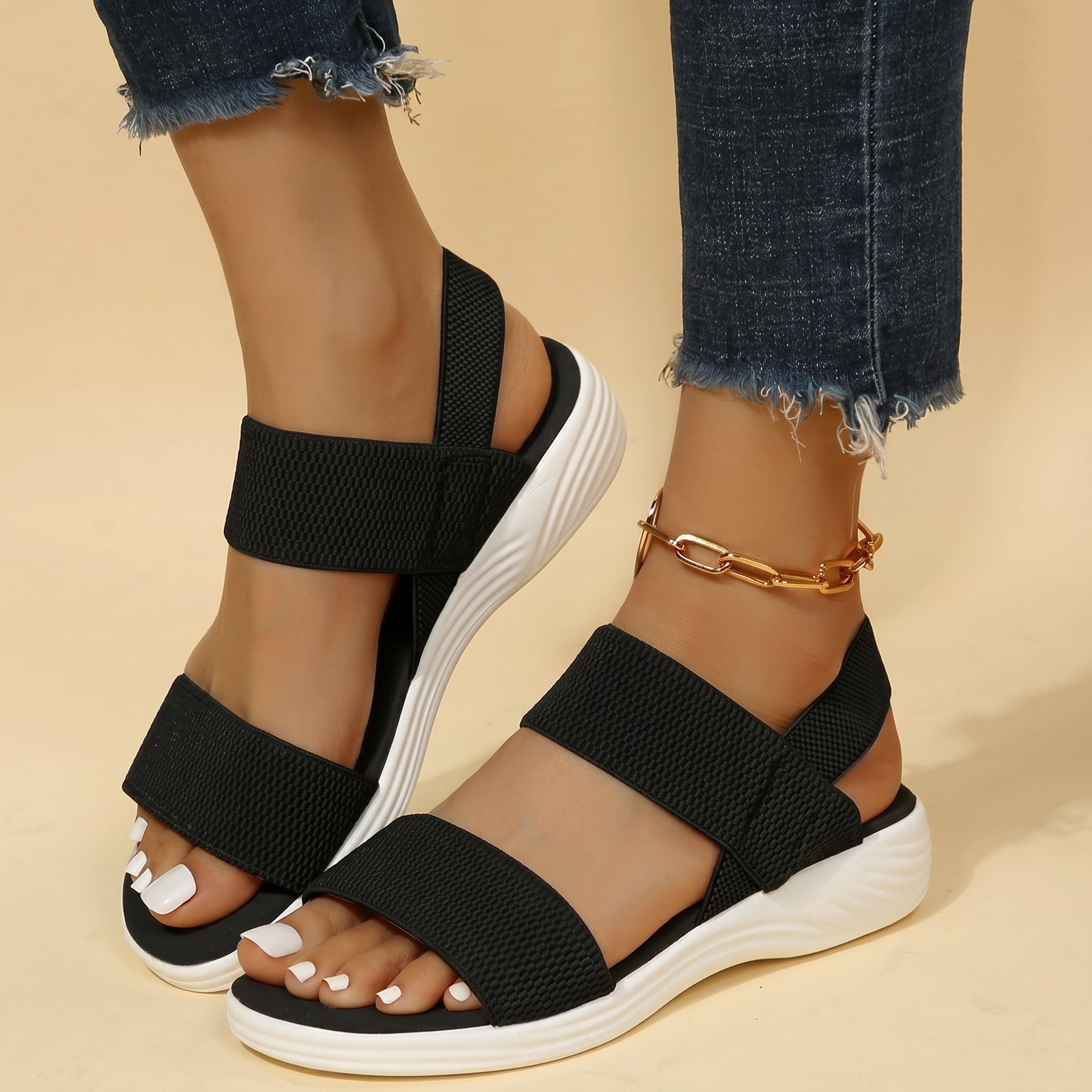 Amelie - Women's Orthopaedic Elastic Strap Sandals - Sandals - Black - Parker&Brooks