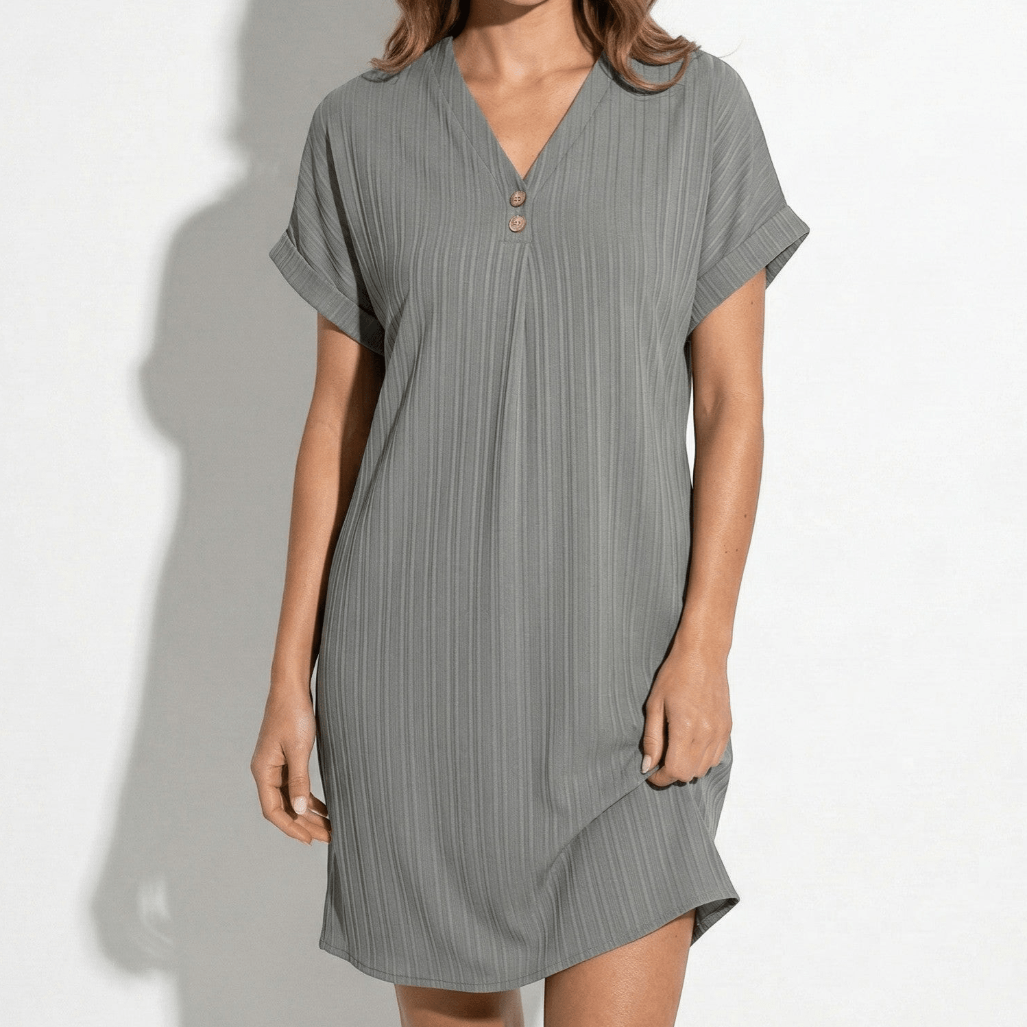 Anne - Women's Relaxed Fit Summer Ribbed Mini Dress - Mini Dress - Gray - Parker&Brooks