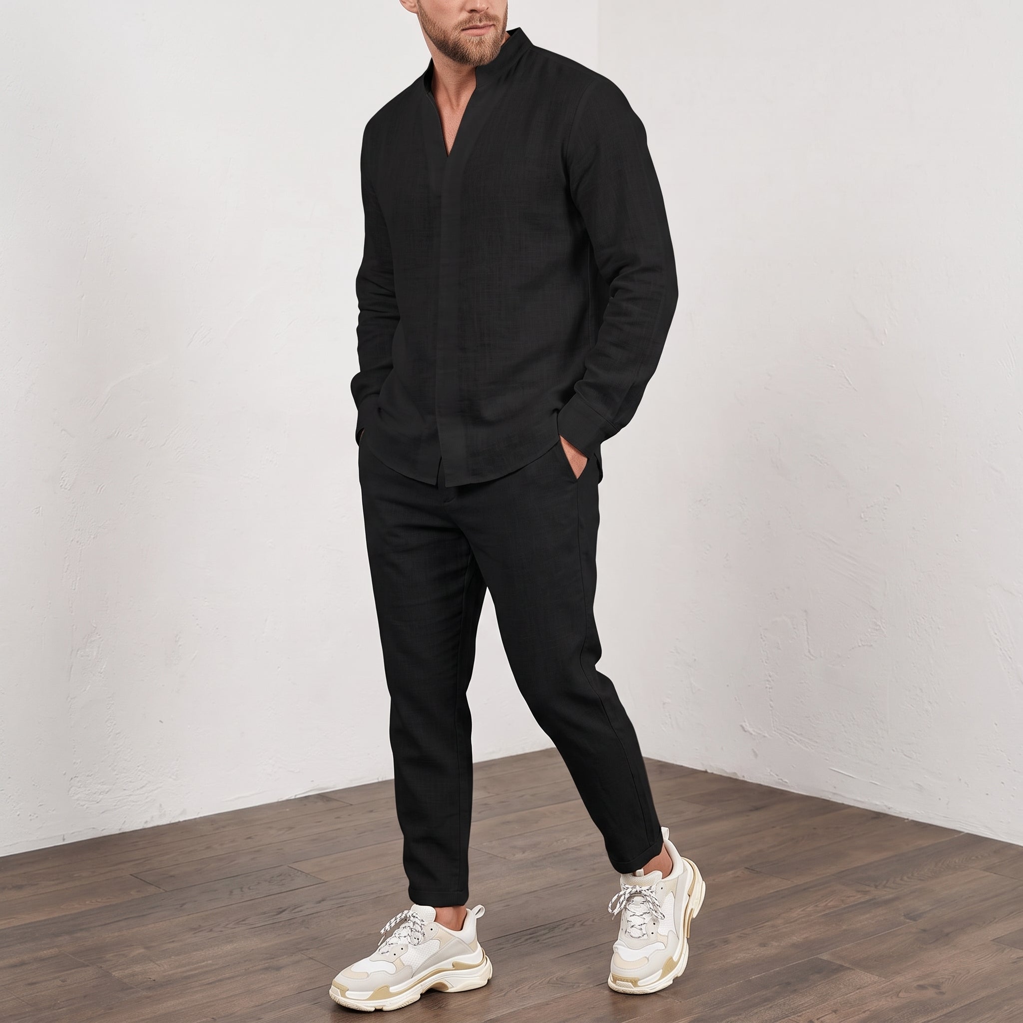 Arthur – Men's Grandad Collar Long Sleeve Shirt Co-ord Set - Outfit Sets - Black - Parker&Brooks
