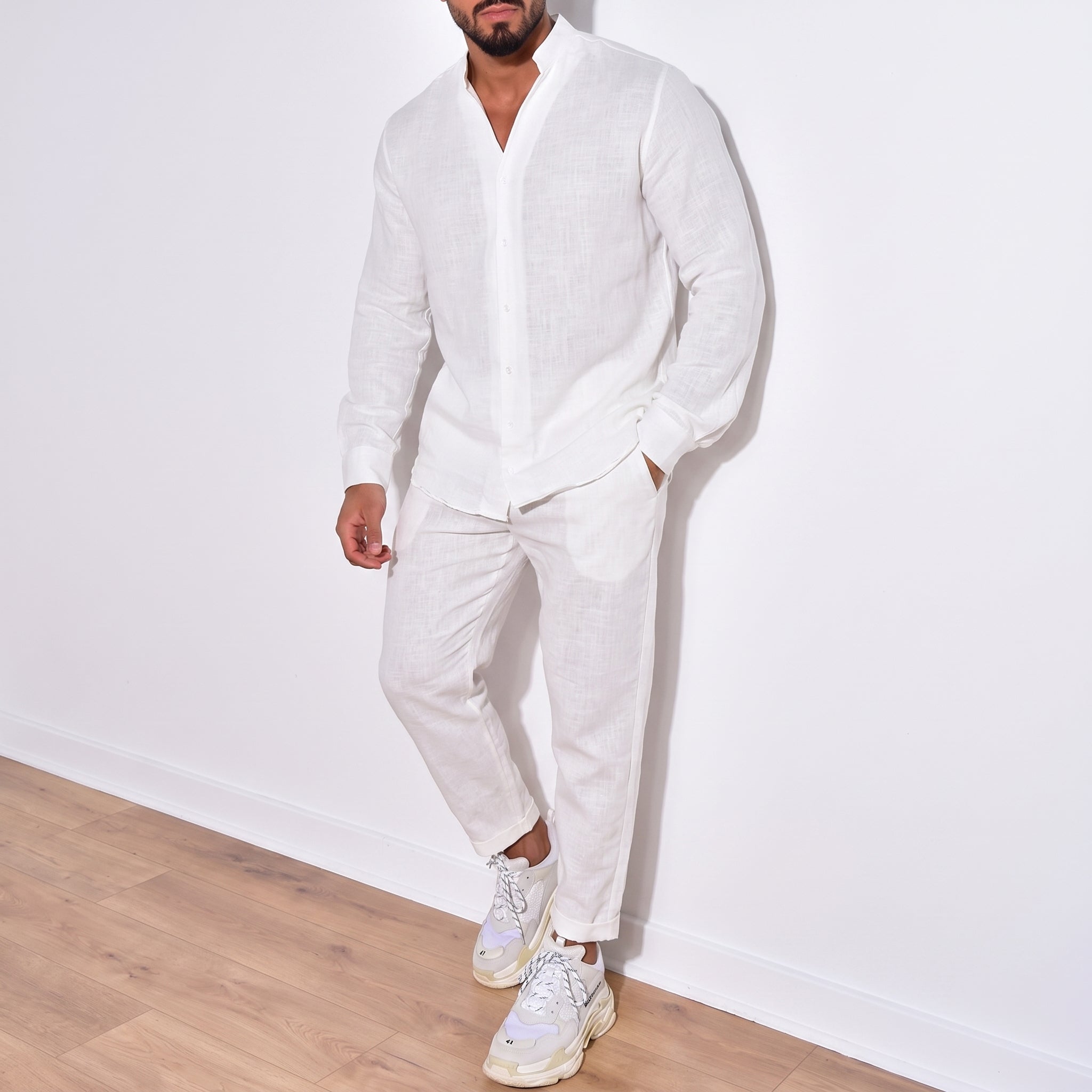 Arthur – Men's Grandad Collar Long Sleeve Shirt Co-ord Set - Outfit Sets - Beige - Parker&Brooks