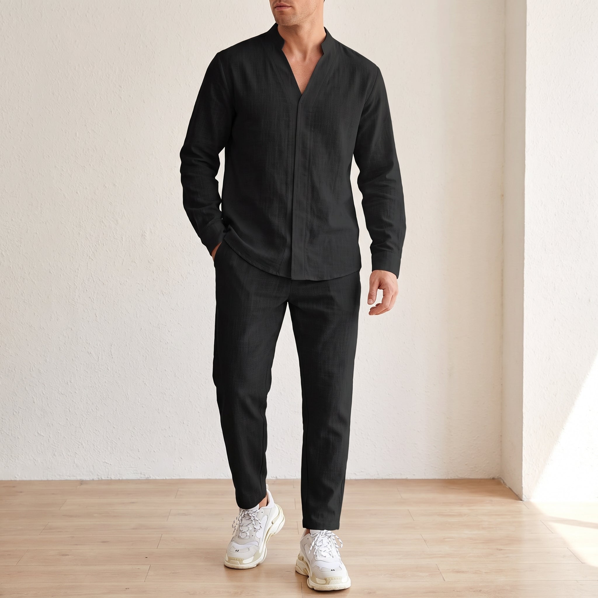 Arthur – Men's Grandad Collar Long Sleeve Shirt Co-ord Set - Outfit Sets - Black - Parker&Brooks
