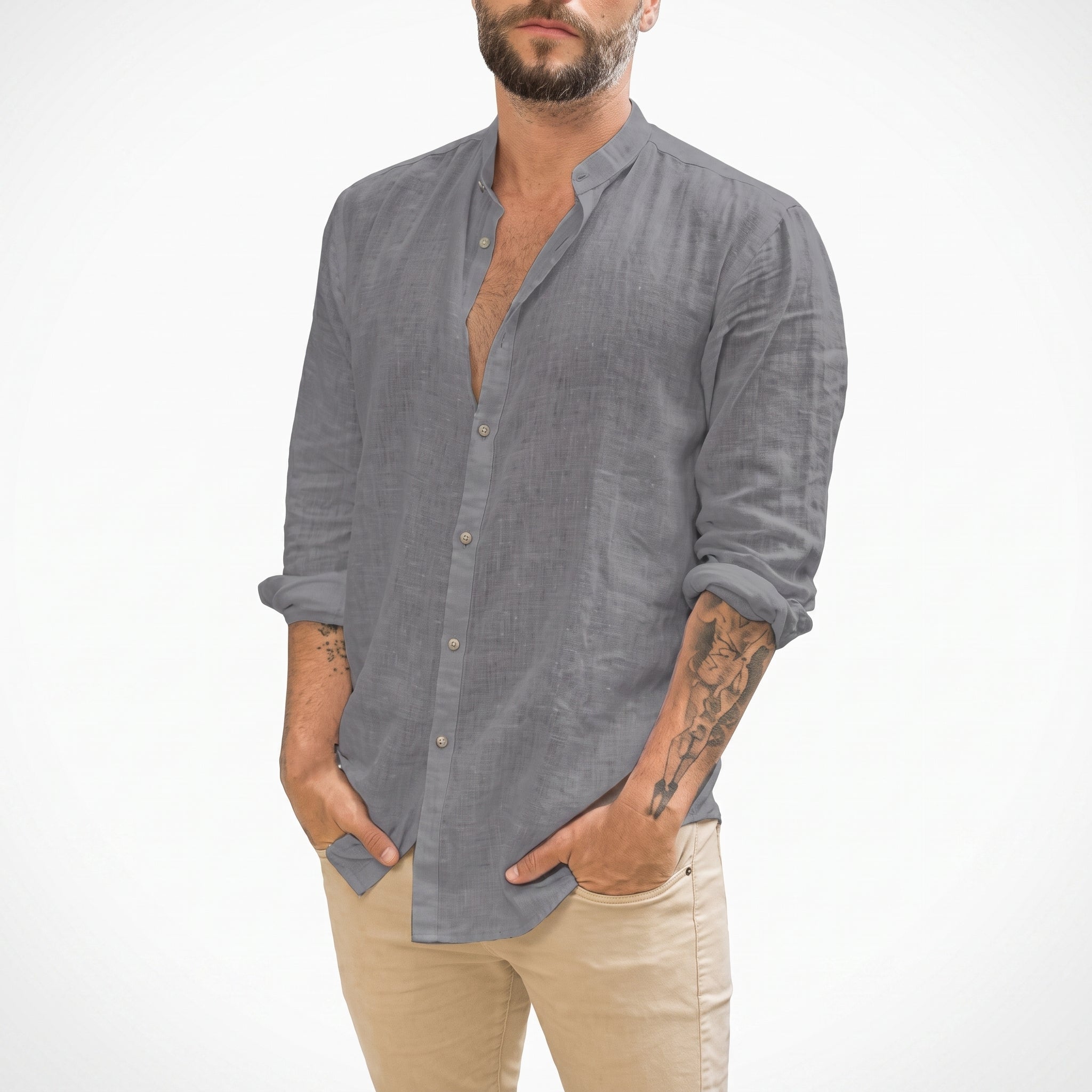 Arthur – Men's Relaxed Fit Mandarin Collar Long Sleeve Shirt - Shirts - Grey - Parker&Brooks