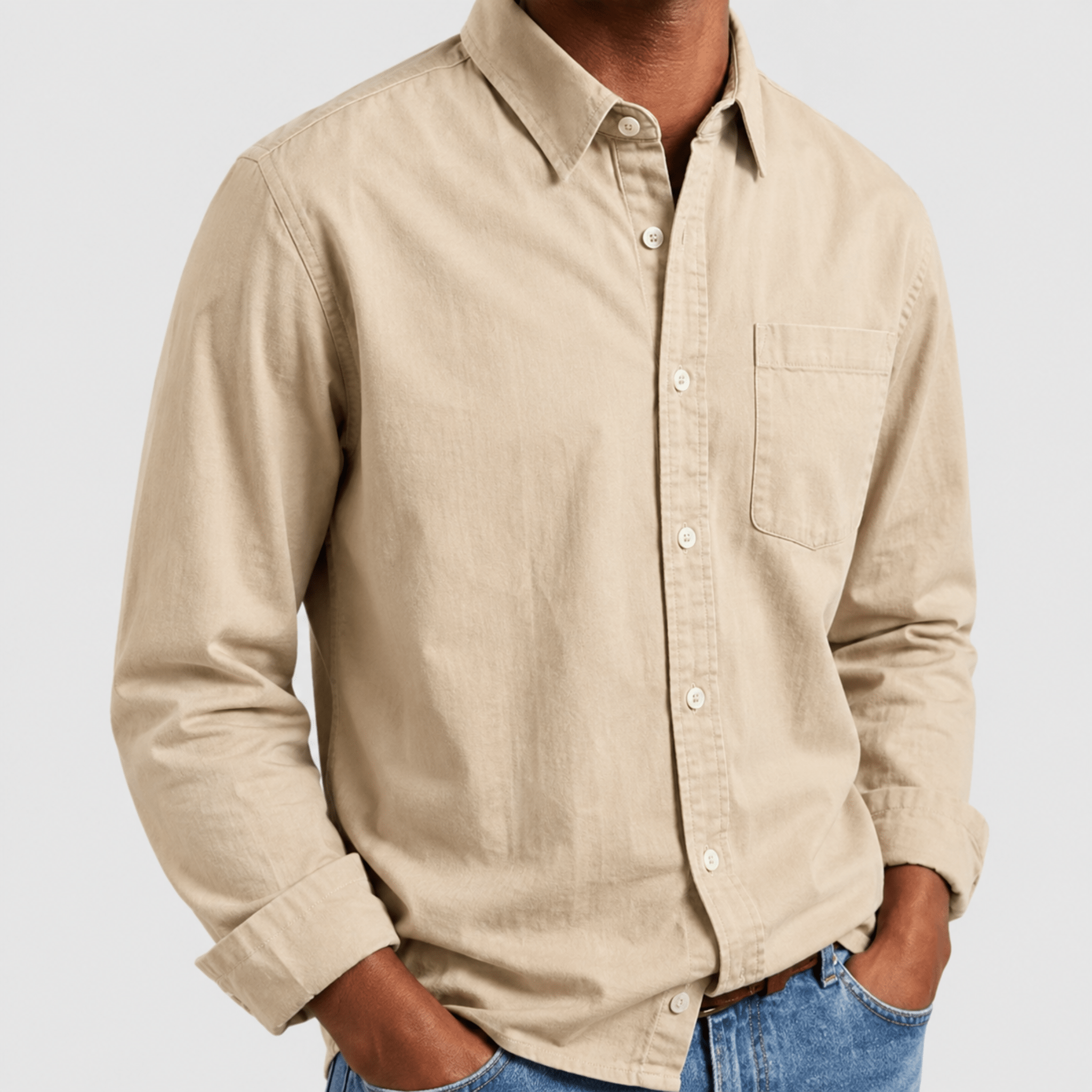 Arthur - Men's Relaxed Fit Point Collar Long Sleeve Shirt - Shirts - Beige - Parker&Brooks
