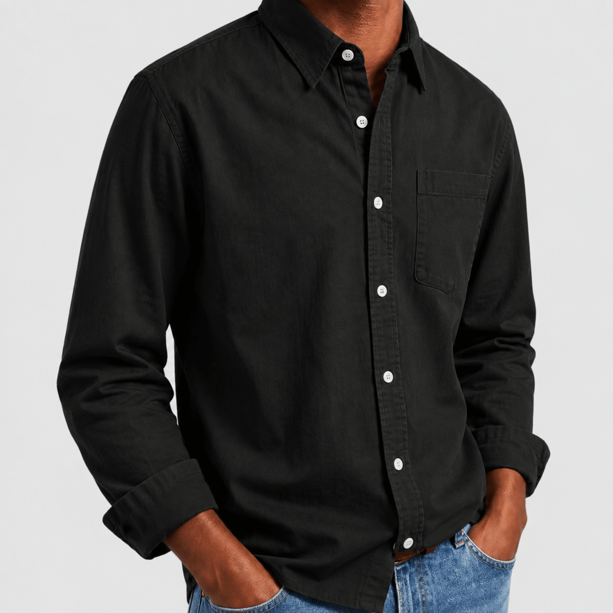 Arthur - Men's Relaxed Fit Point Collar Long Sleeve Shirt - Shirts - Black - Parker&Brooks