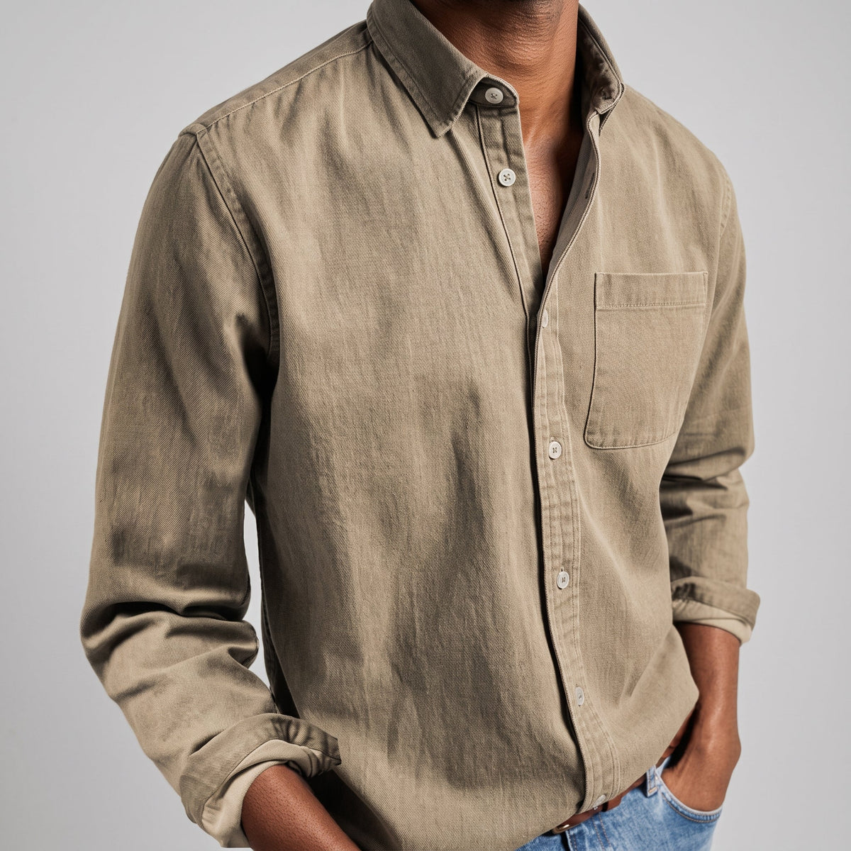 Arthur - Men's Relaxed Fit Point Collar Long Sleeve Shirt - Shirts - Beige - Parker&Brooks
