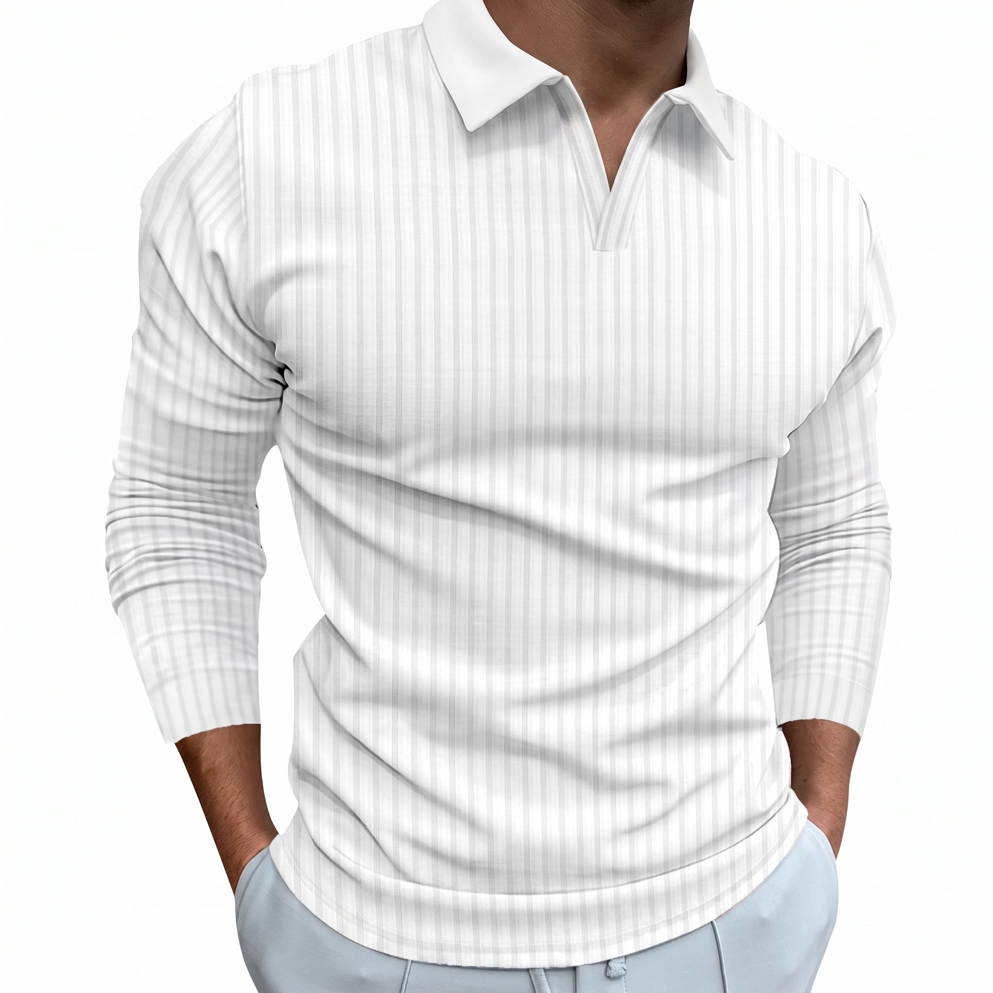 Arthur - Men's Relaxed Fit Ribbed Open Collar Polo Shirt - Polos - White - Parker&Brooks