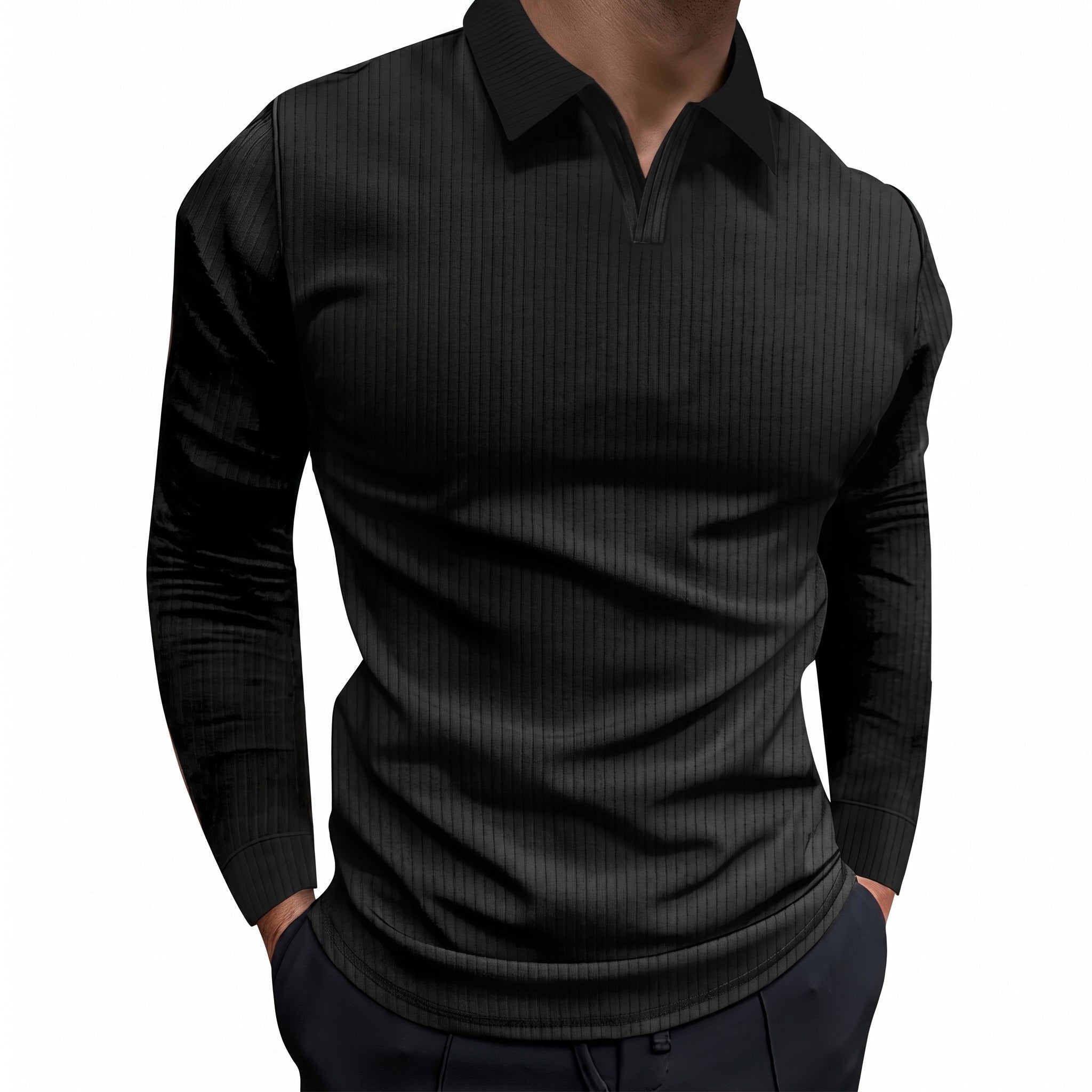 Arthur - Men's Relaxed Fit Ribbed Open Collar Polo Shirt - Polos - Black - Parker&Brooks