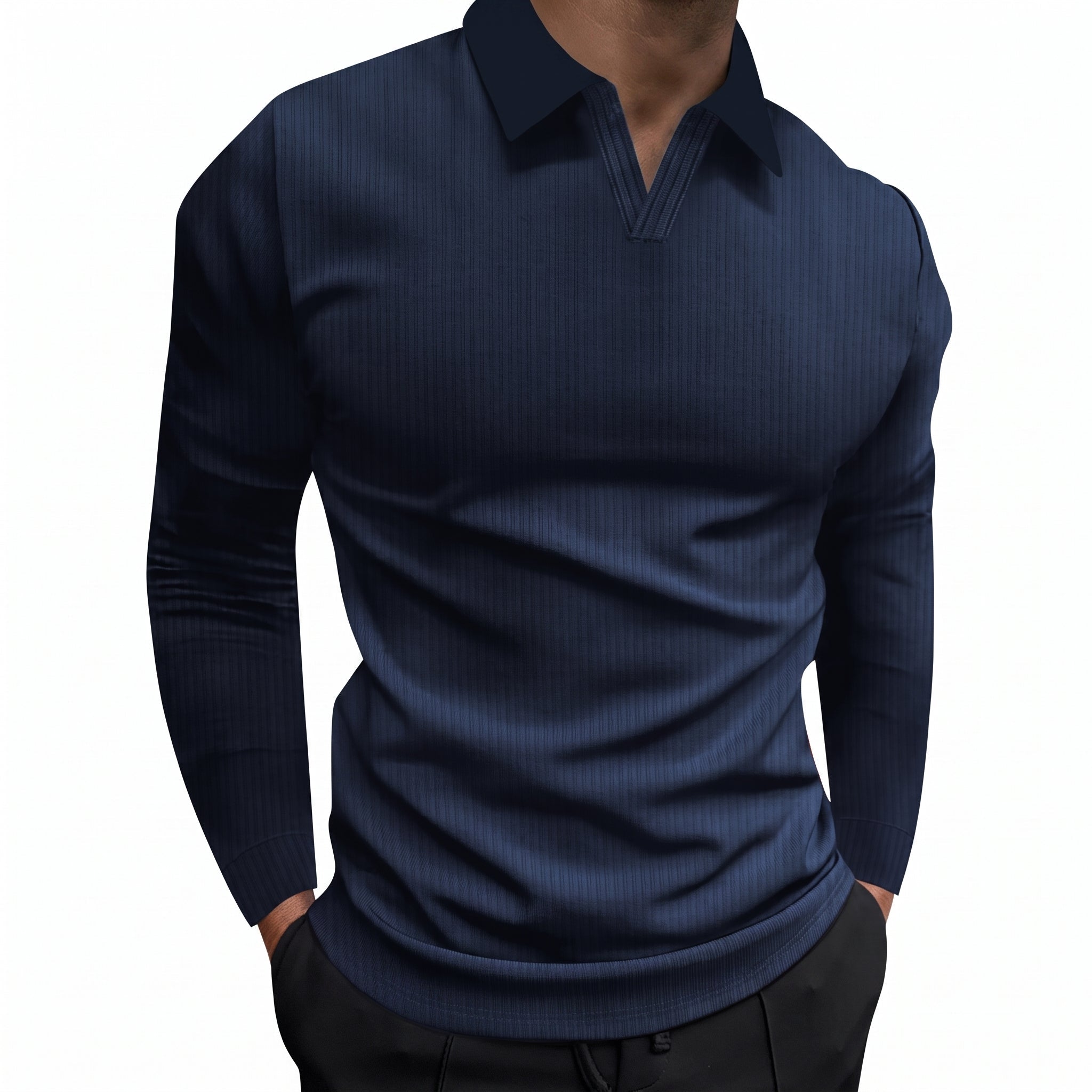 Arthur - Men's Relaxed Fit Ribbed Open Collar Polo Shirt - Polos - Navy Blue - Parker&Brooks
