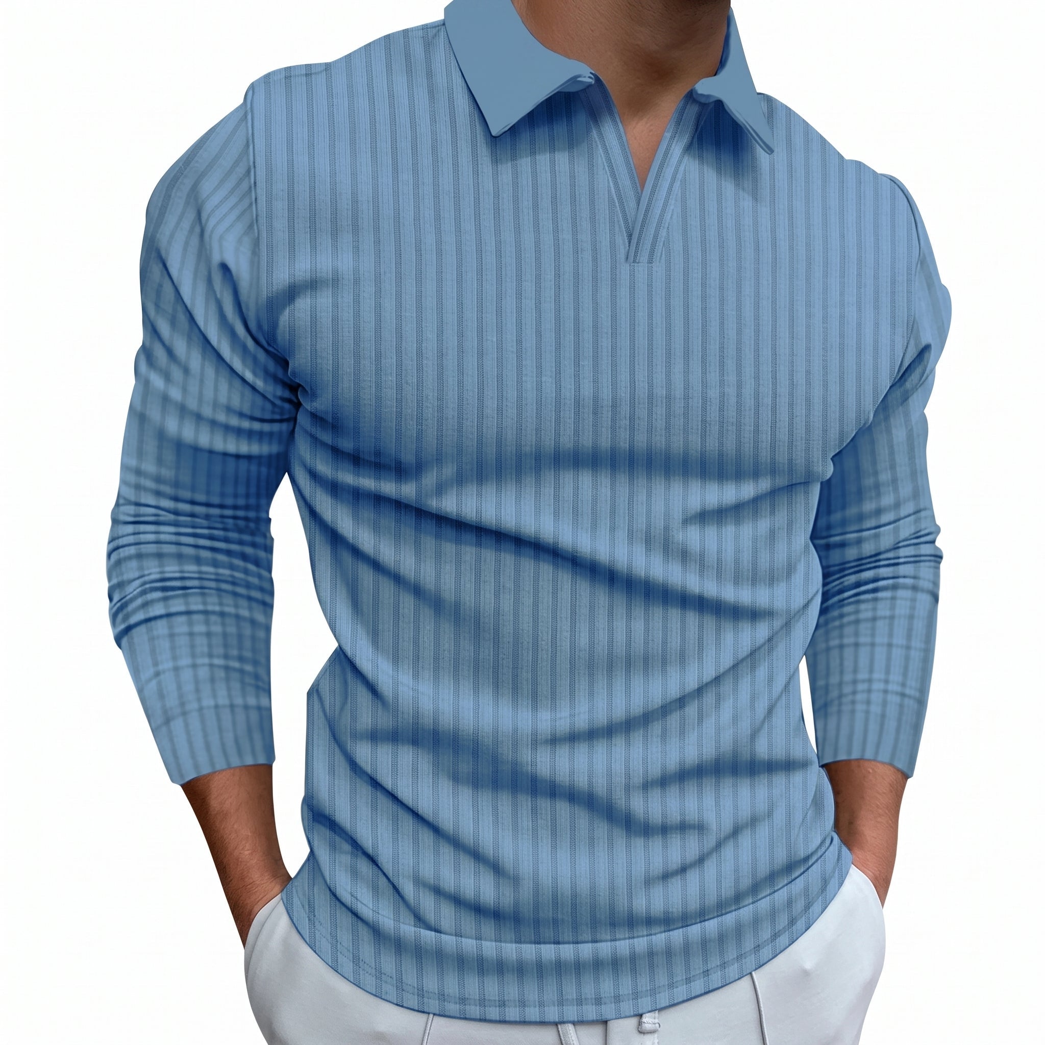 Arthur - Men's Relaxed Fit Ribbed Open Collar Polo Shirt - Polos - Sky Blue - Parker&Brooks