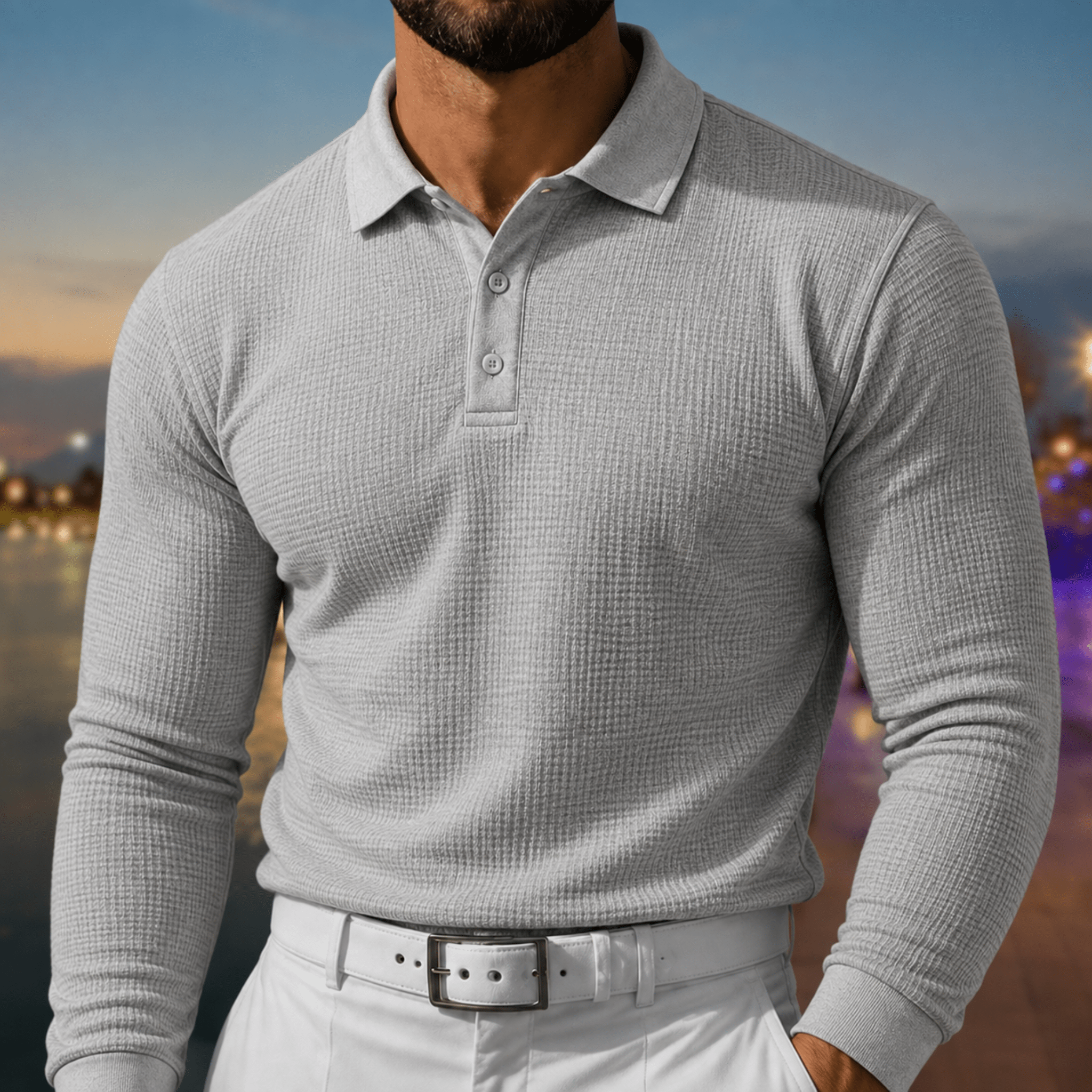Arthur - Men's Slim Fit Textured Long Sleeve Polo Shirt - Polos - Gray - Parker&Brooks