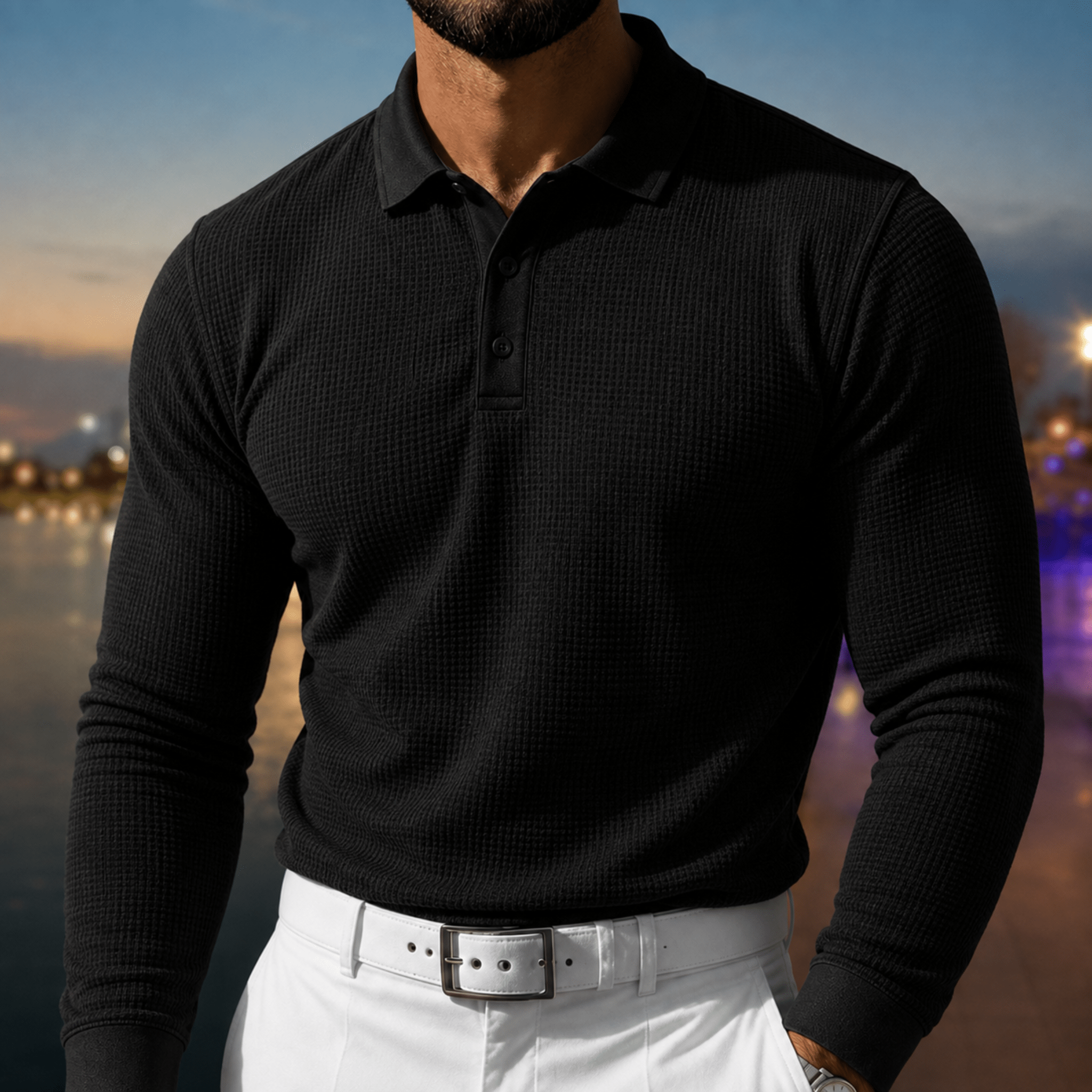 Arthur - Men's Slim Fit Textured Long Sleeve Polo Shirt - Polos - Black - Parker&Brooks