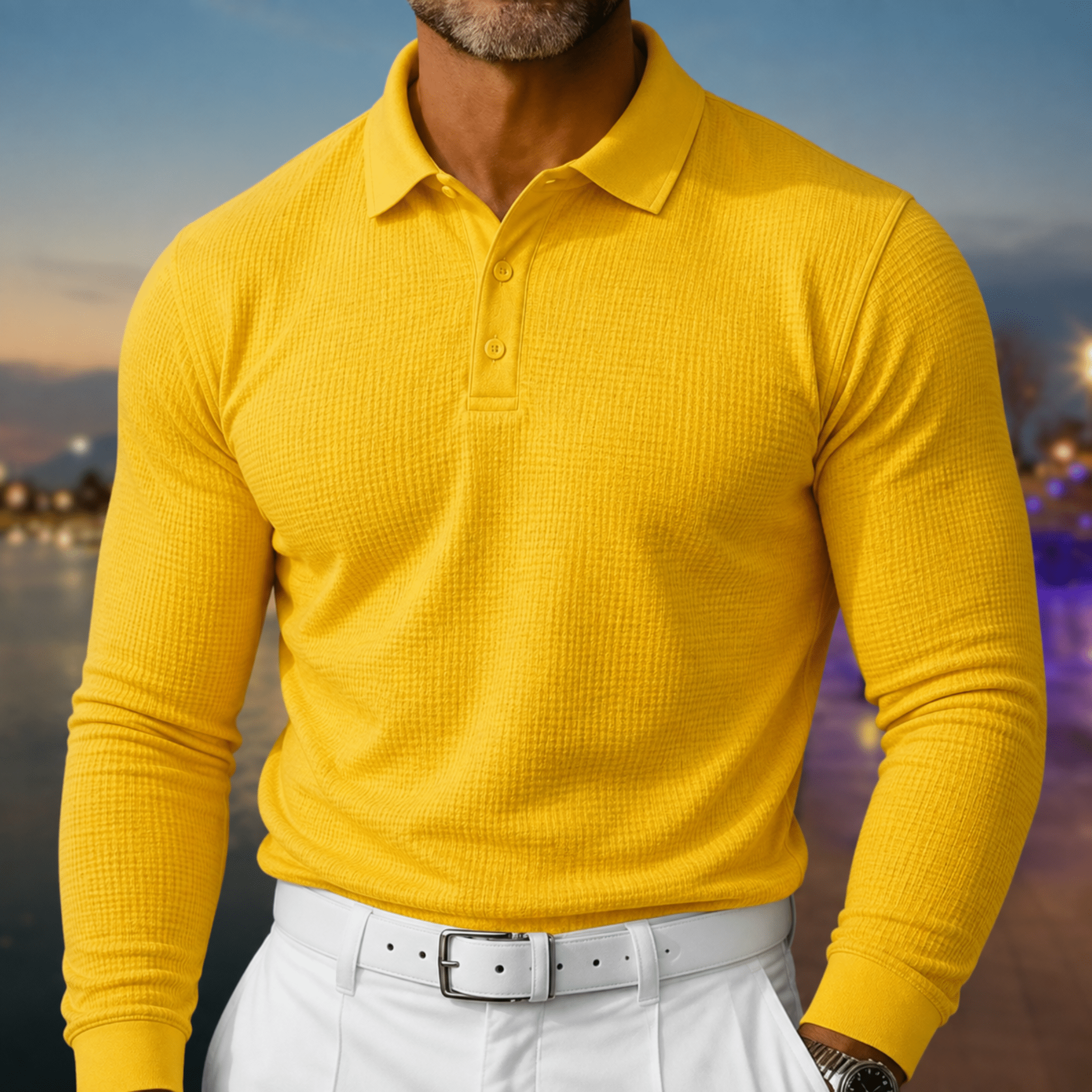 Arthur - Men's Slim Fit Textured Long Sleeve Polo Shirt - Polos - Yellow - Parker&Brooks