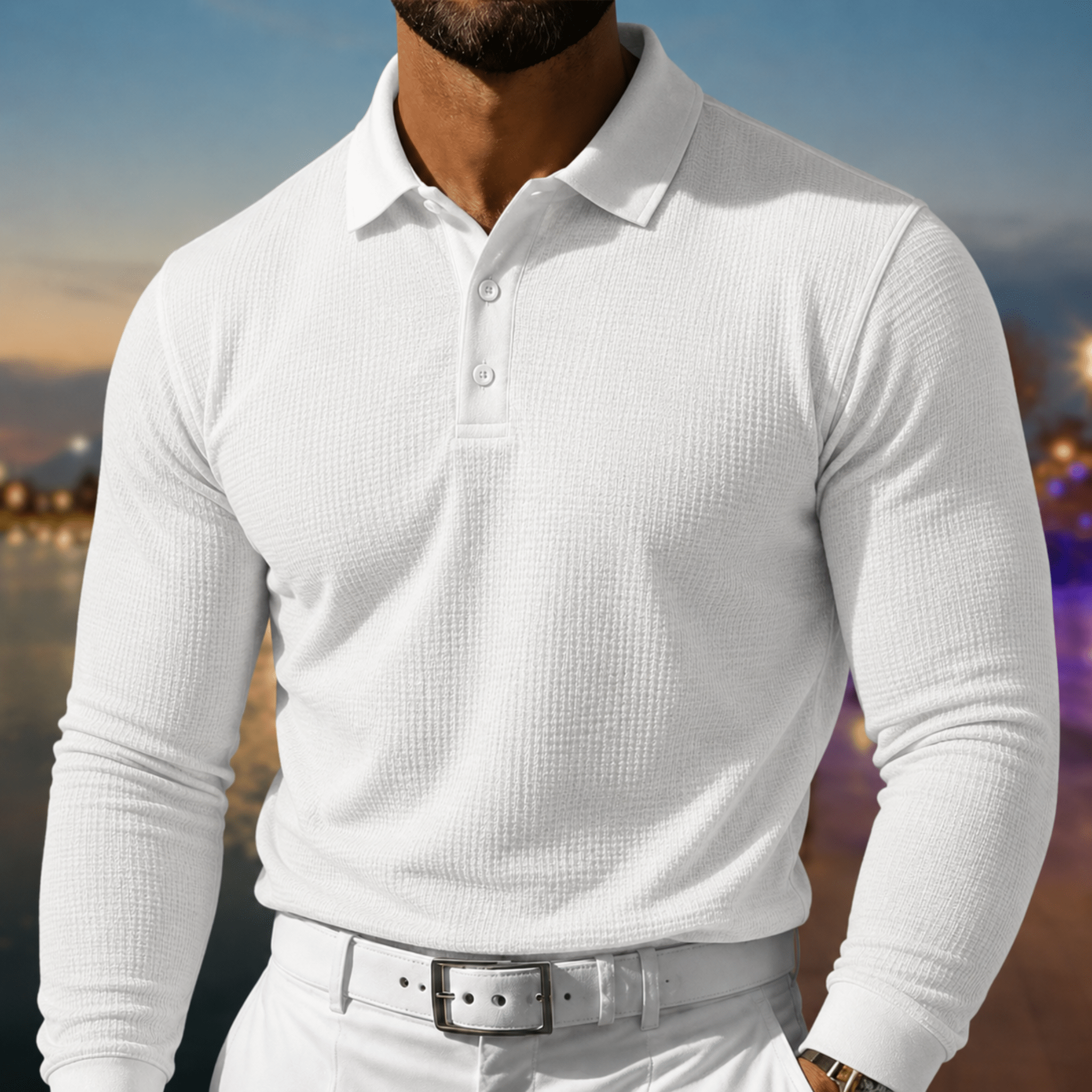 Arthur - Men's Slim Fit Textured Long Sleeve Polo Shirt - Polos - White - Parker&Brooks
