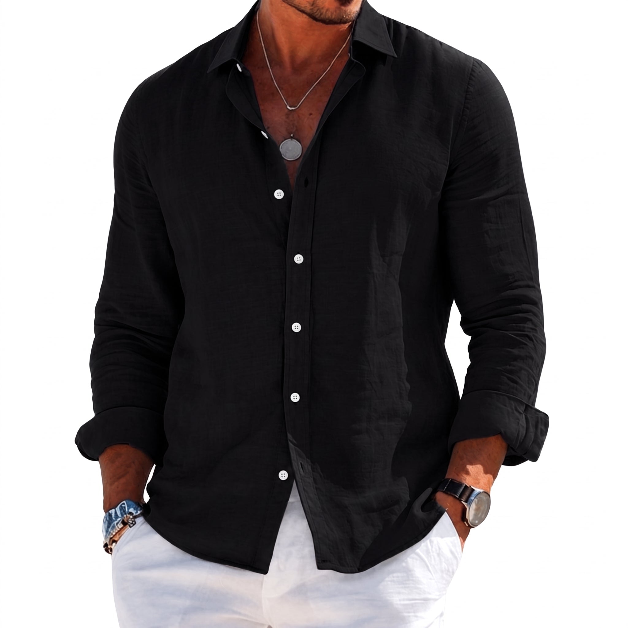 Arthur – Men's Summer Button-Down Long Sleeve Shirt - Shirts - Black - Parker&Brooks