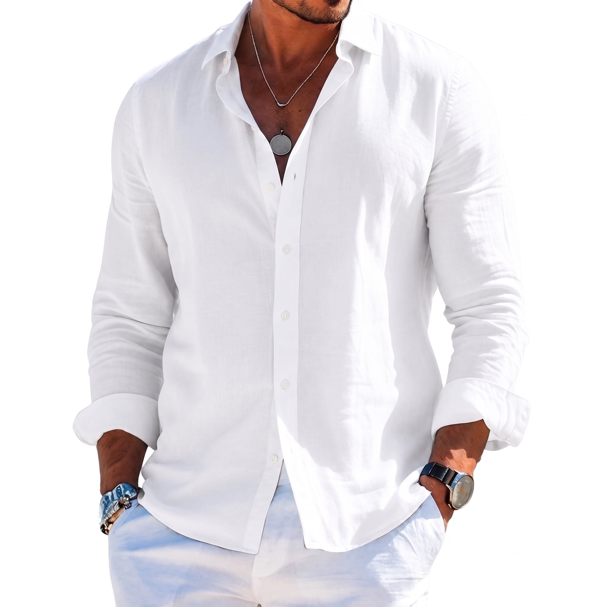 Arthur – Men's Summer Button-Down Long Sleeve Shirt - Shirts - White - Parker&Brooks
