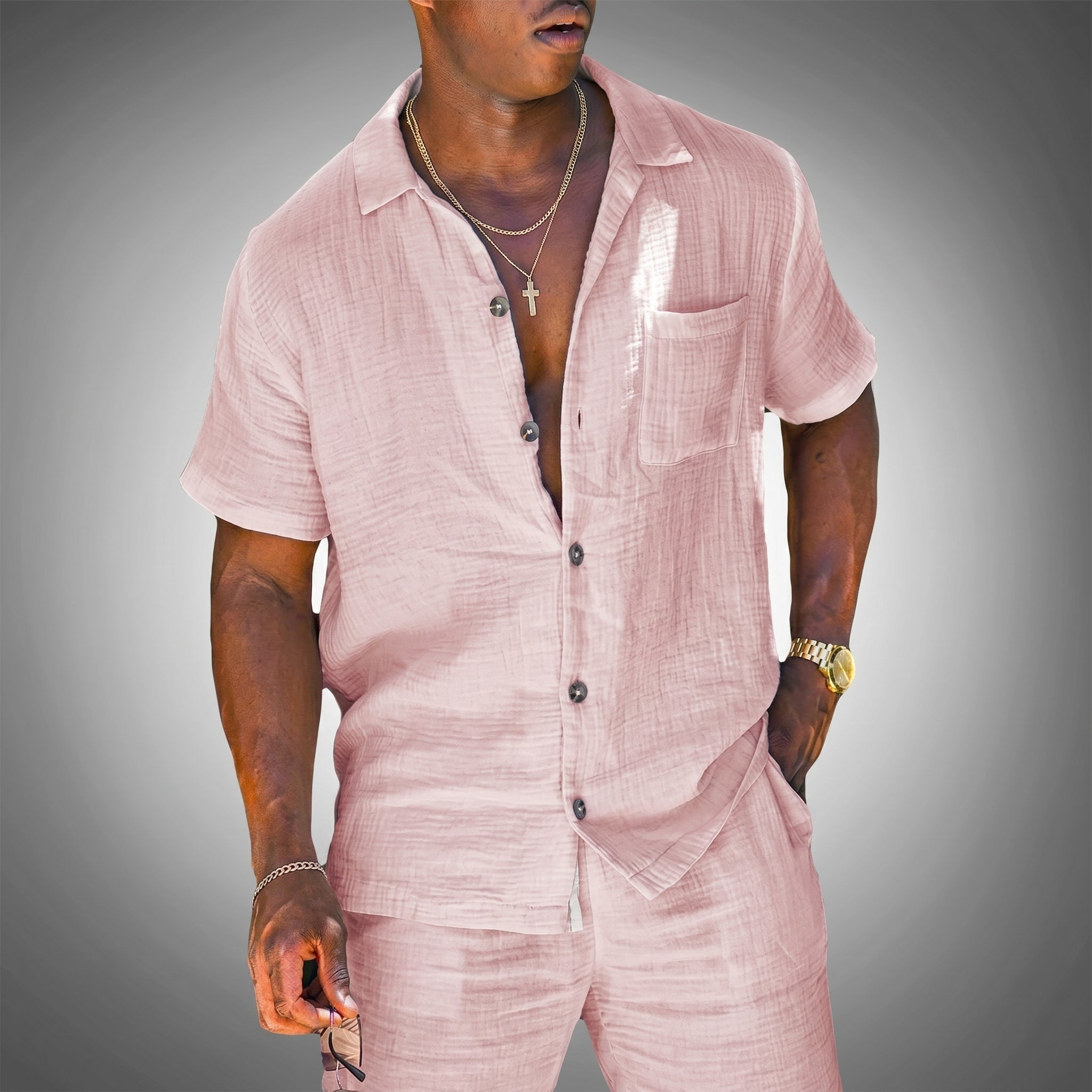 Arthur - Men's Summer Button-Down Shirt Co-ord Set - Men Shirt - Pink - Parker&Brooks
