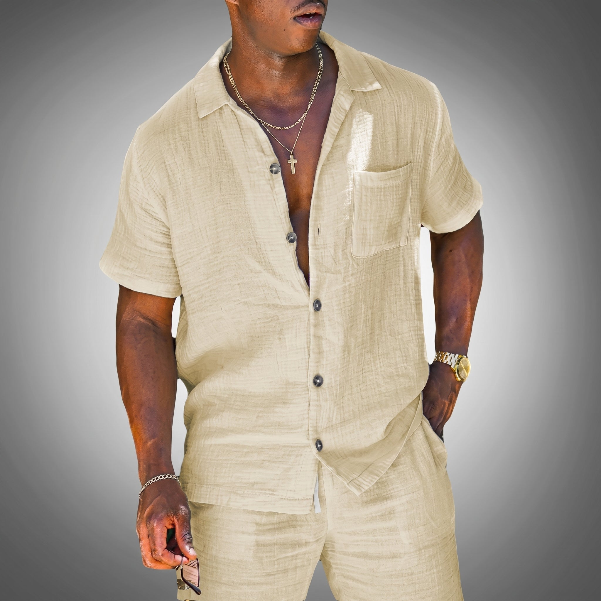 Arthur - Men's Summer Button-Down Shirt Co-ord Set - Men Shirt - Beige - Parker&Brooks