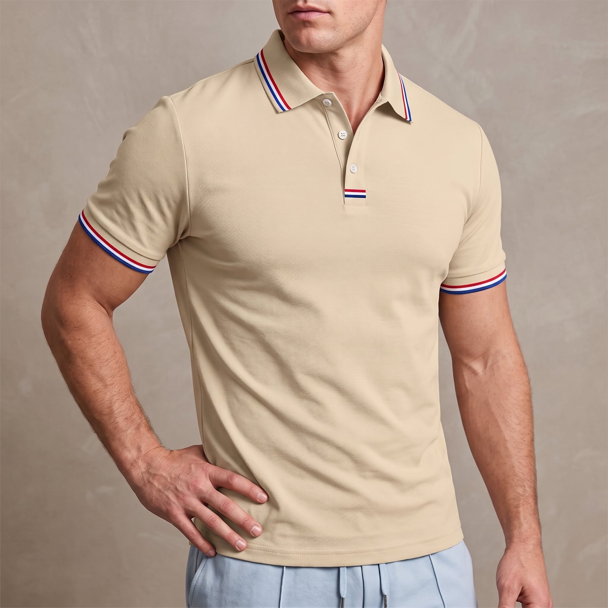 Arthur - Men's Summer Contrast Tipped Collar Polo Shirt - Polos - Khaki - Parker&Brooks