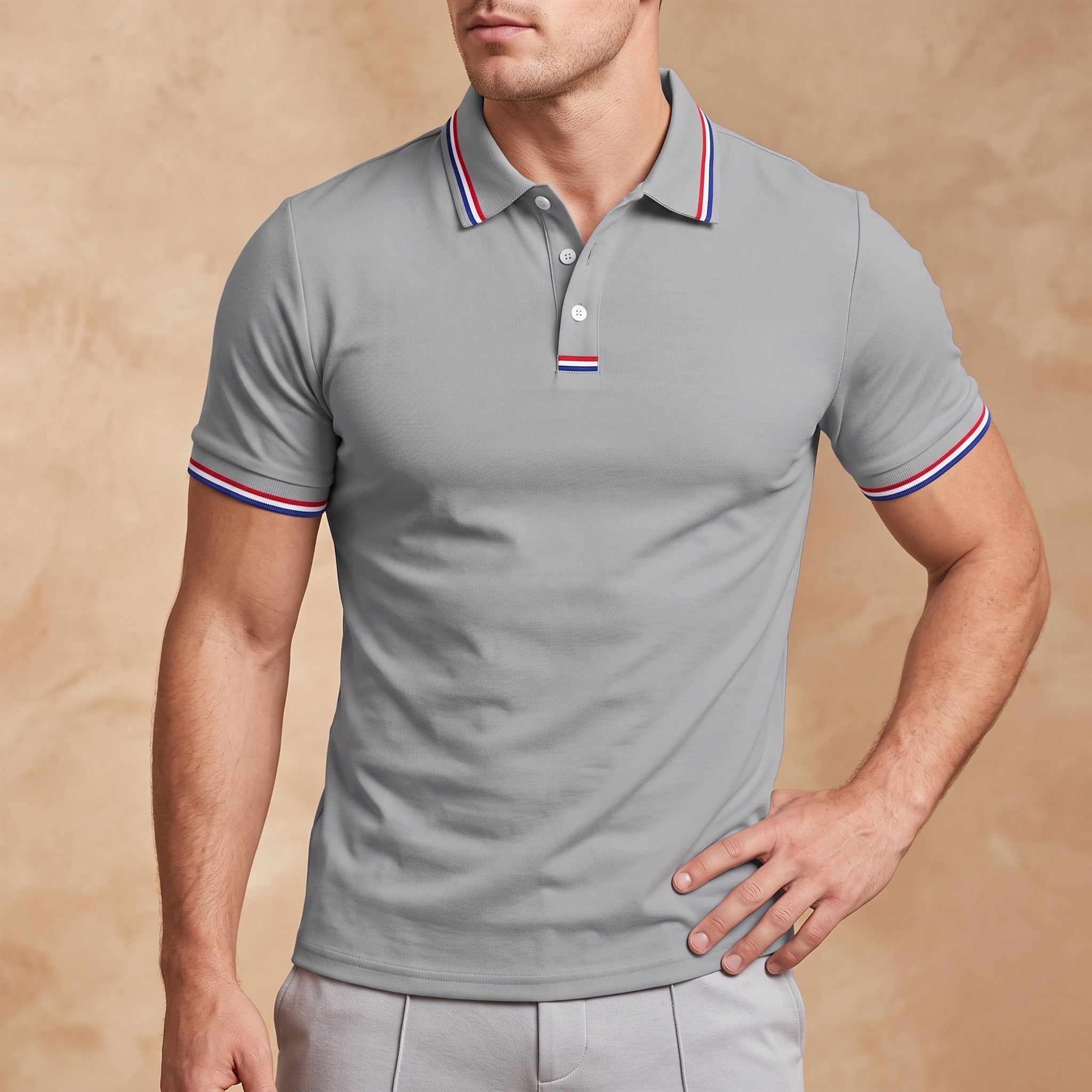 Arthur - Men's Summer Contrast Tipped Collar Polo Shirt - Polos - Gray - Parker&Brooks