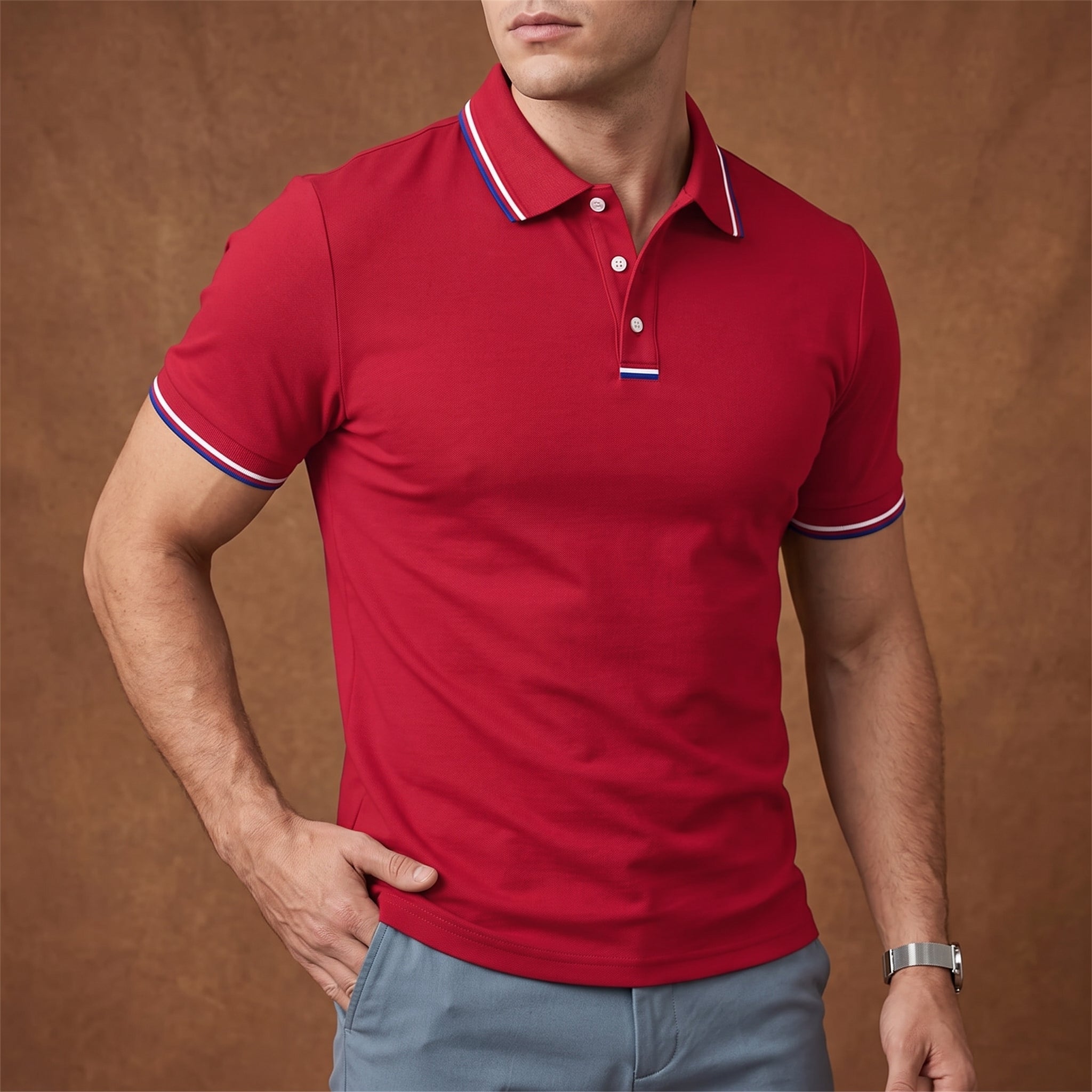 Arthur - Men's Summer Contrast Tipped Collar Polo Shirt - Polos - Red - Parker&Brooks