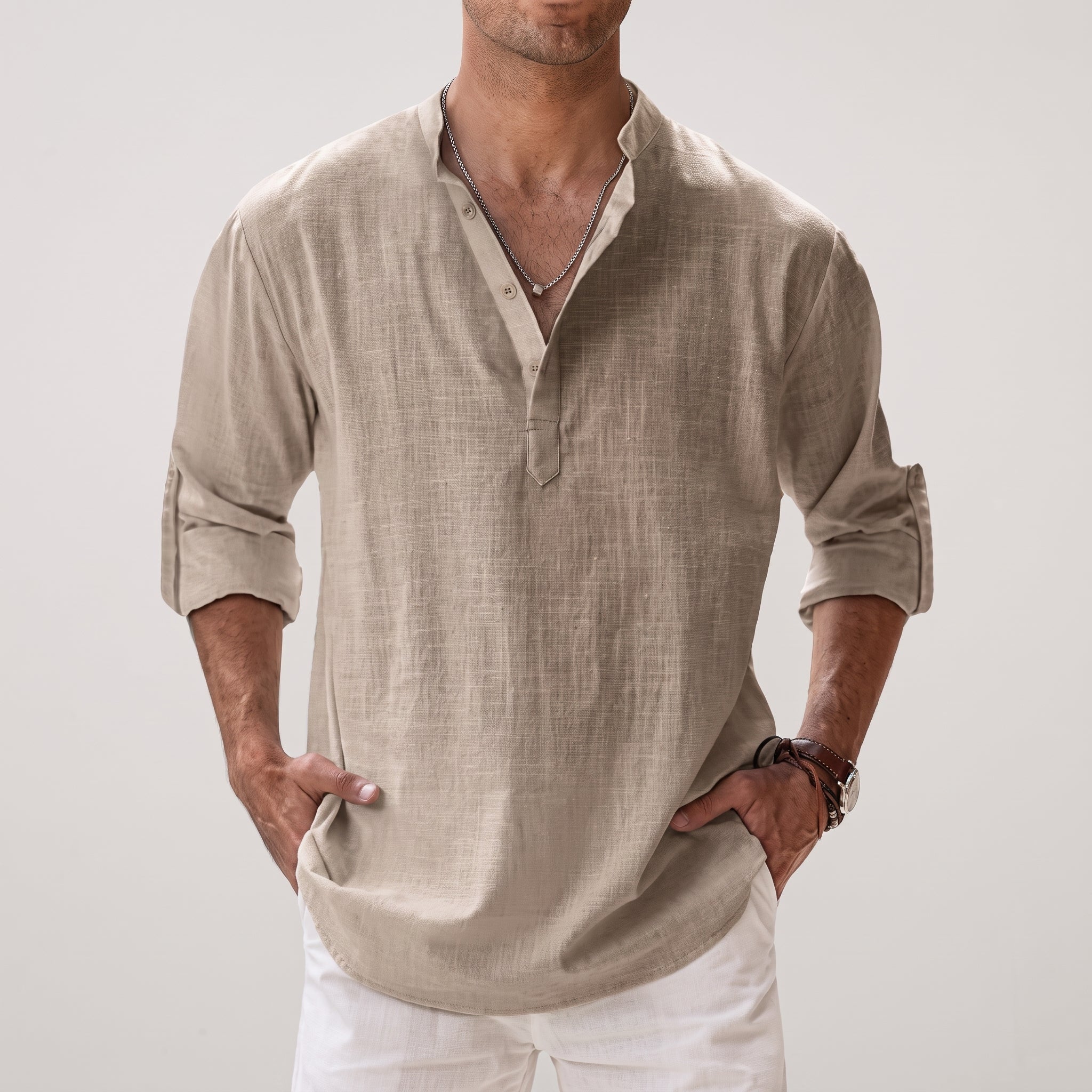 Arthur - Men's Summer Grandad Collar Henley Long Sleeve Shirt - Shirts - Khaki - Parker&Brooks