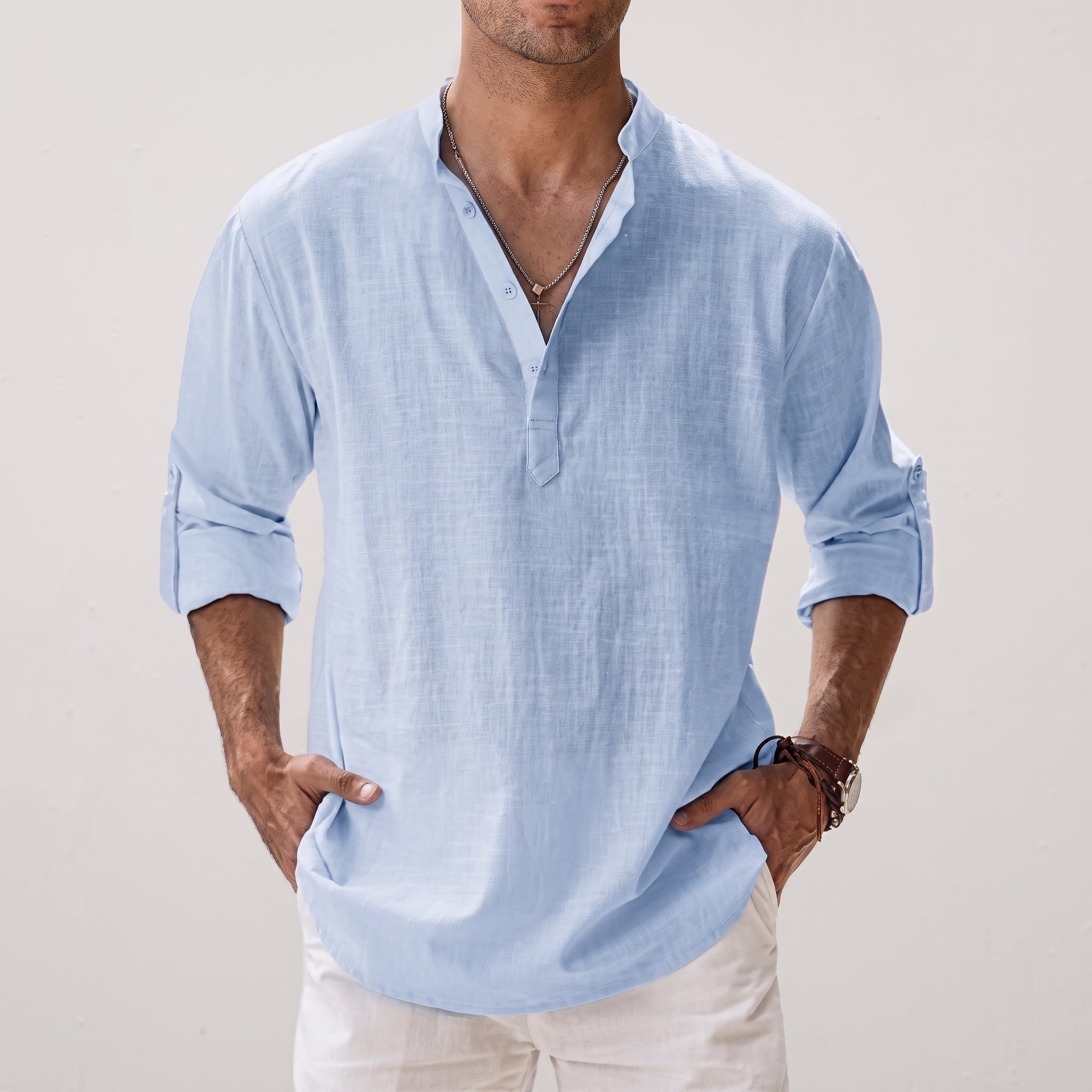 Arthur - Men's Summer Grandad Collar Henley Long Sleeve Shirt - Shirts - Light Blue - Parker&Brooks