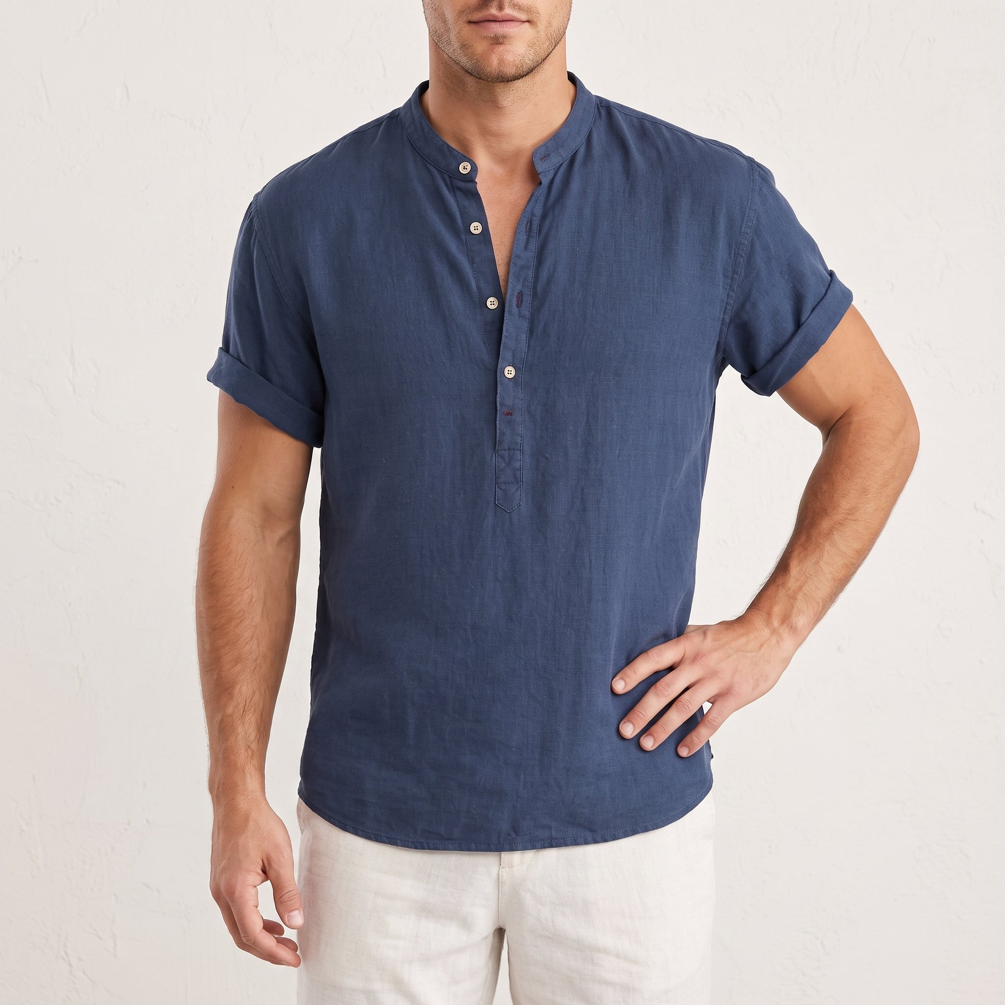 Arthur - Men's Summer Grandad Collar Short Sleeve Shirt - Shirts - Dark Blue - Parker&Brooks