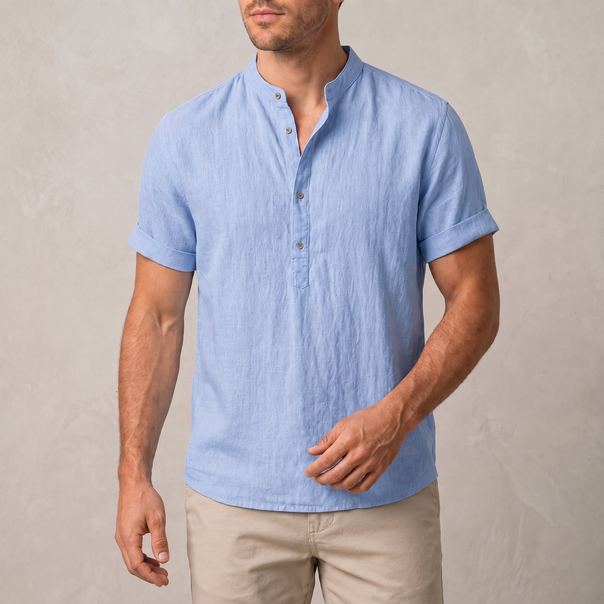 Arthur - Men's Summer Grandad Collar Short Sleeve Shirt - Shirts - Light Blue - Parker&Brooks