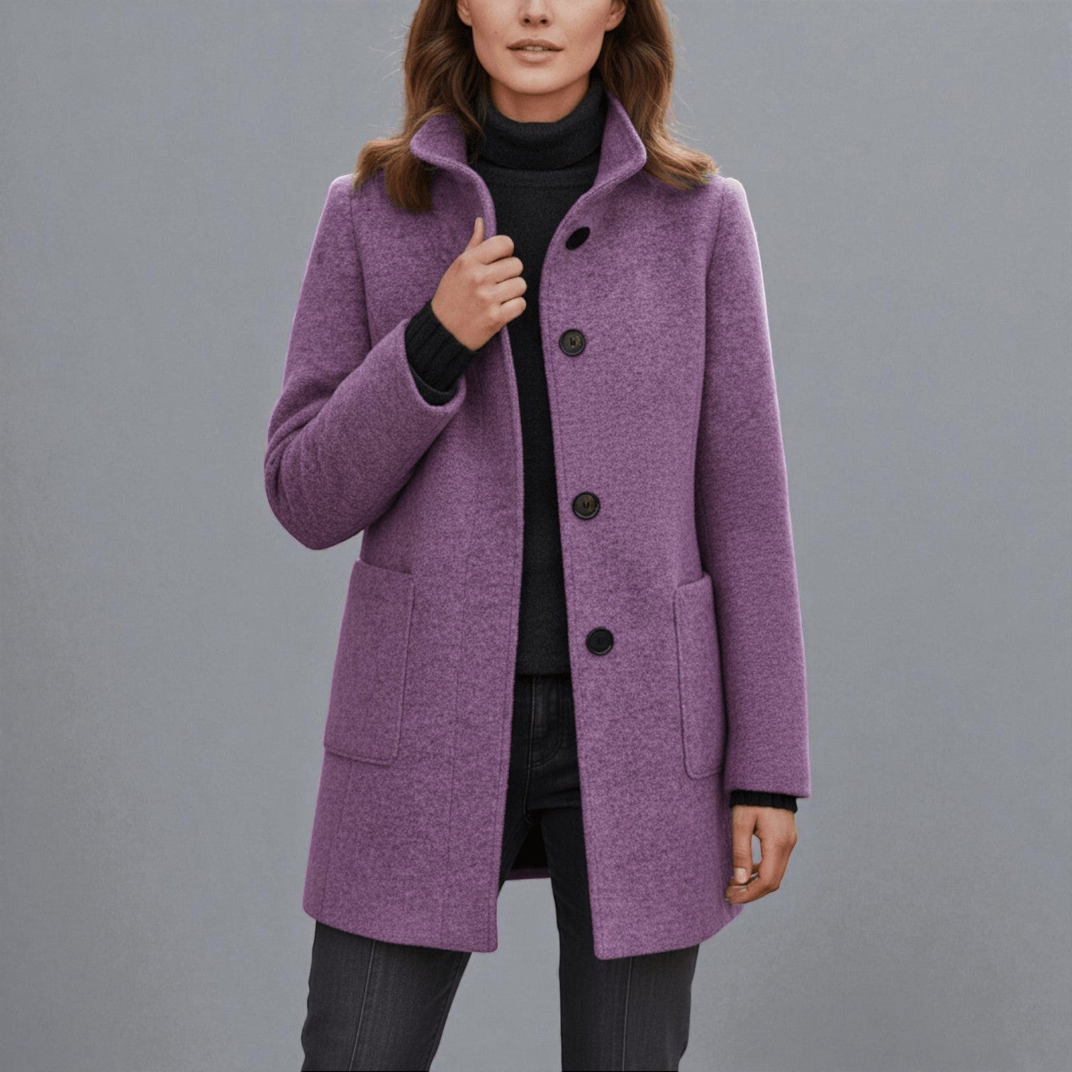 Elara – Women's Coat with Stand Collar and Pockets