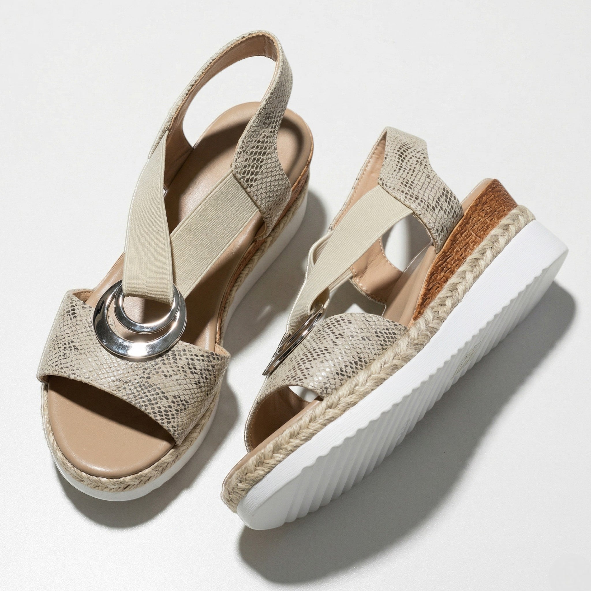 Ava - Women's Cross Strap Wedge Sandals - Sandals - Beige - Parker&Brooks