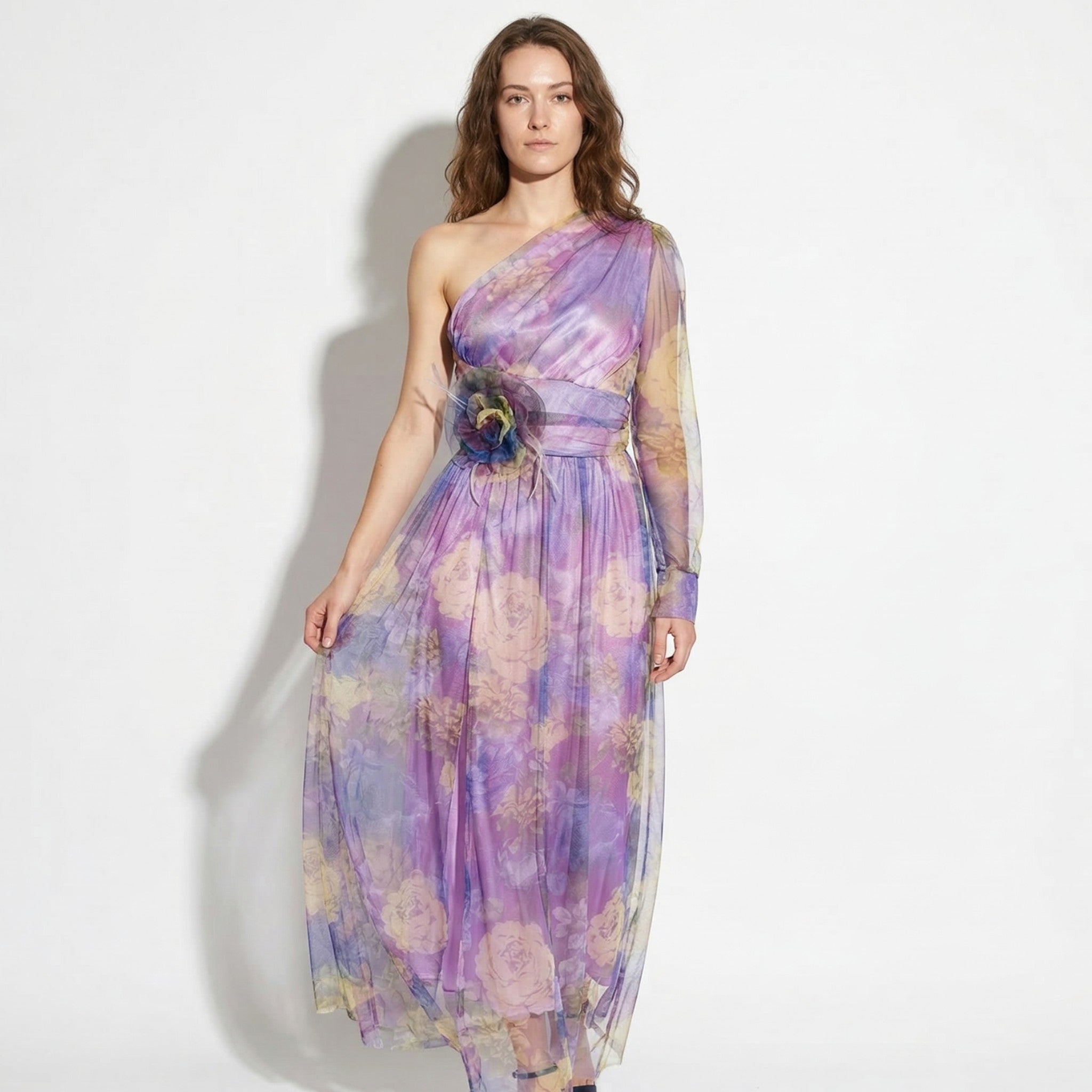Women's Evening Asymmetric Floral Maxi Dress - Maxi Dresses - Purple - Parker&Brooks