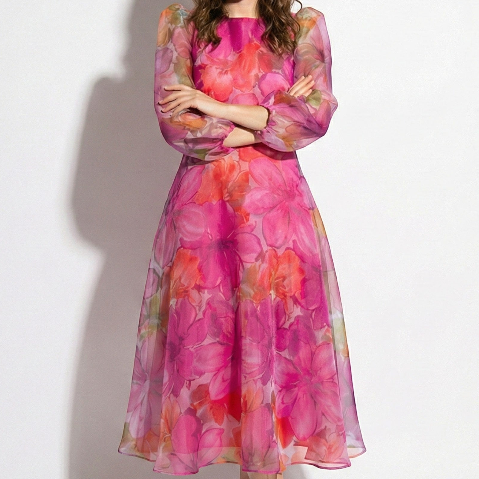 Aria - Women's Floral Print Midi Dress with Sheer Sleeves
