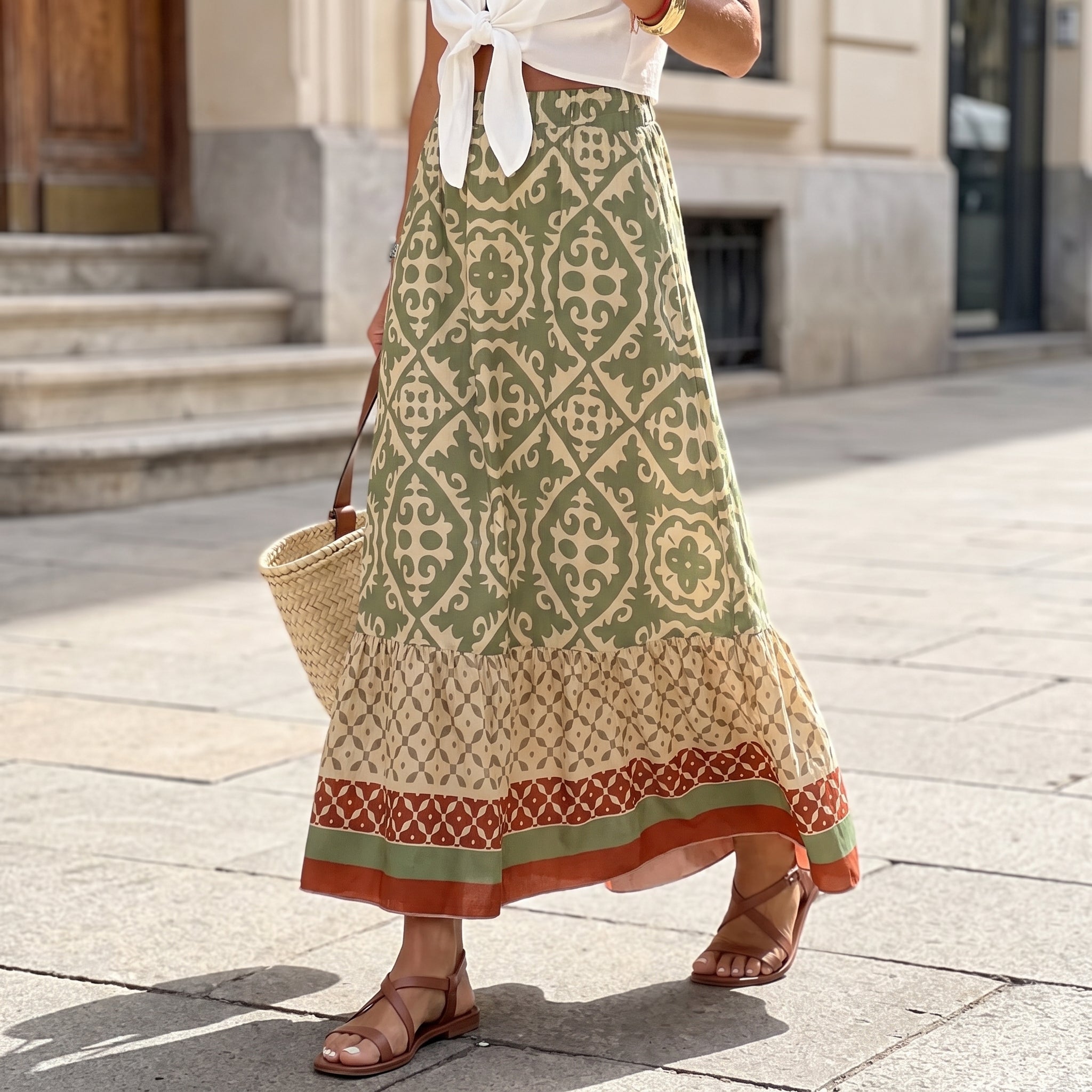 Beatrice - Women's Summer Printed Tiered Ruffle Maxi Skirt - Skirts - Green - Parker&Brooks