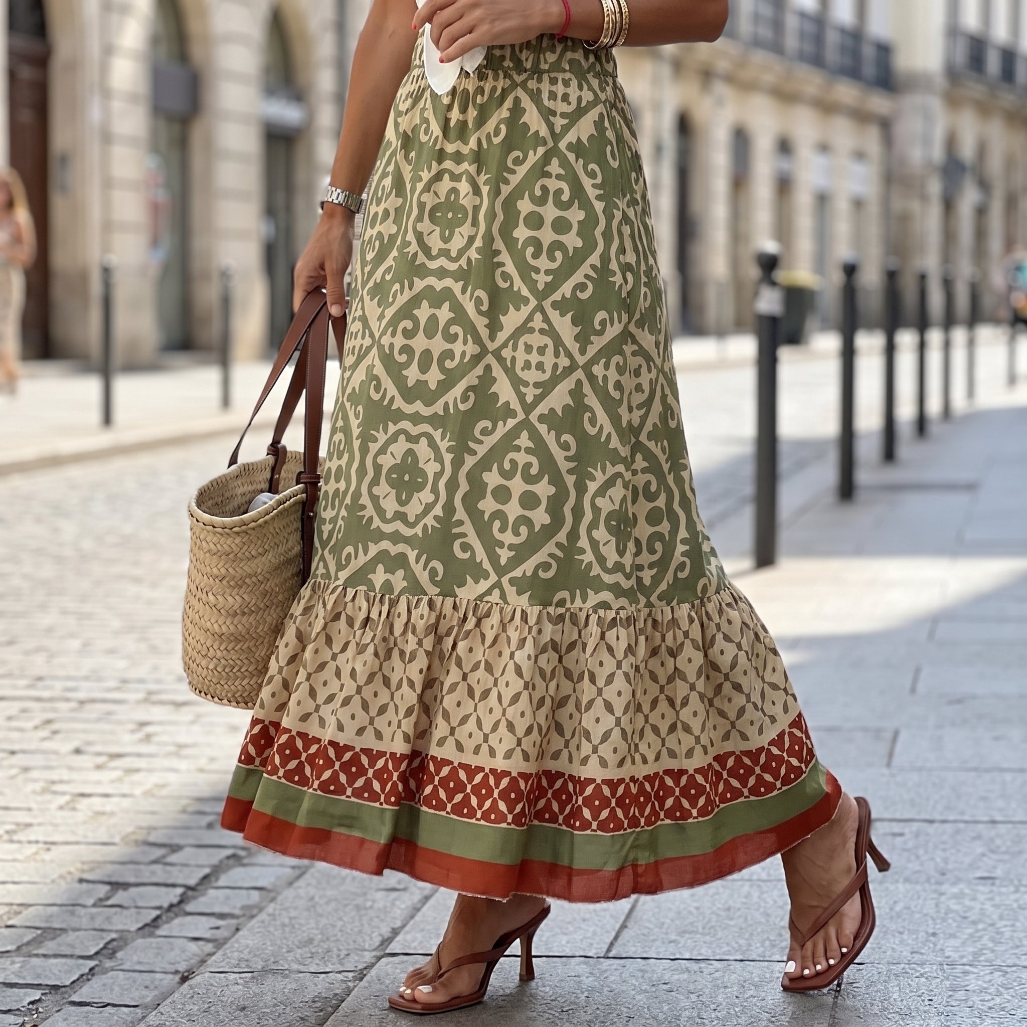 Beatrice - Women's Summer Printed Tiered Ruffle Maxi Skirt - Skirts - Green - Parker&Brooks